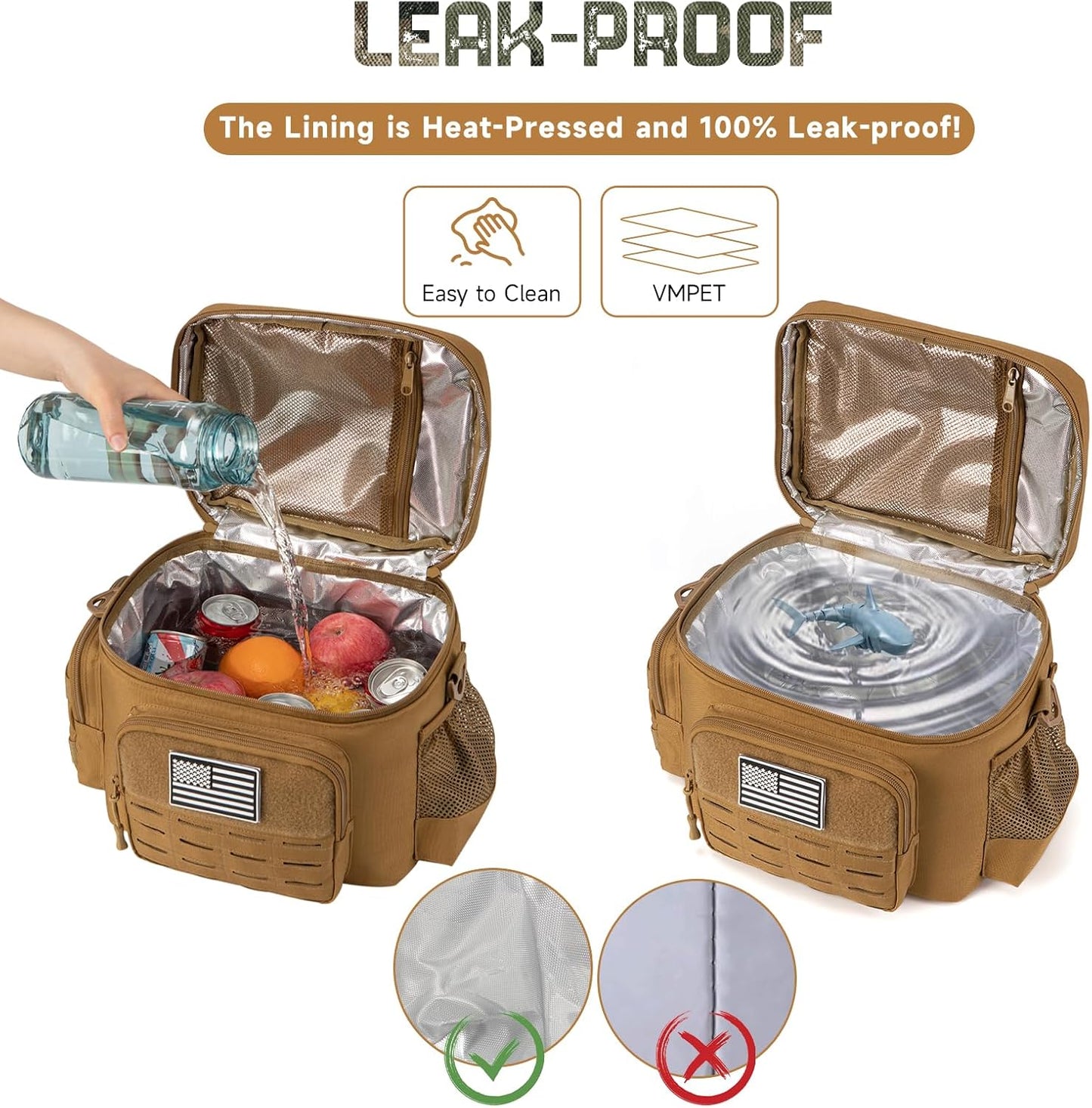 QT&QY Tactical Lunch Bag for mens Military heavy duty lunch box work Leakproof insulated Durable Thermal Cooler Bag for Adult Meal for Office Camping Picnic Pail MOLLE Webbing Khaki