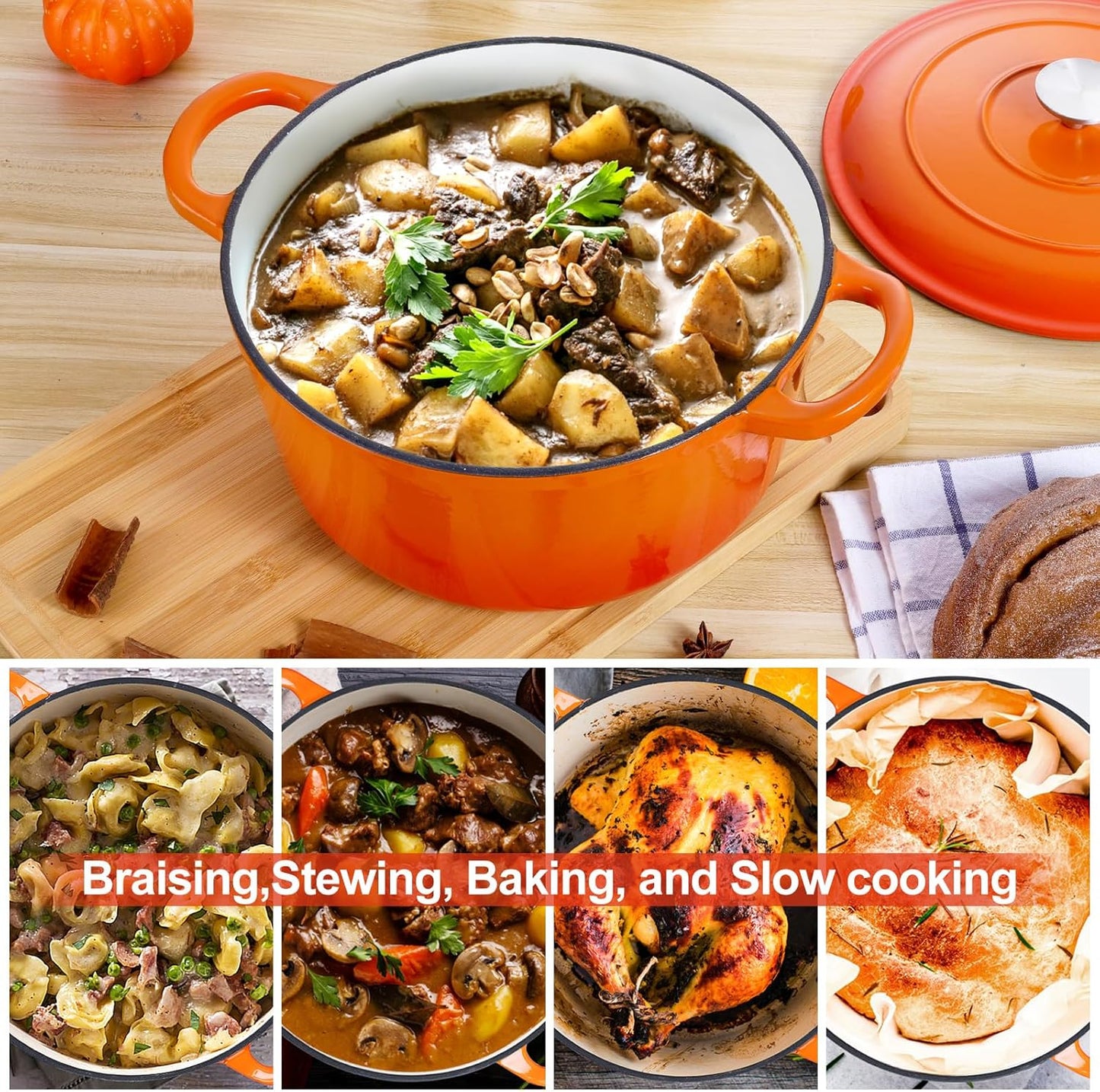 E-far 6 Quart Dutch Oven, Enameled Cast Iron Dutch Oven Pot with Lid, Nonstick Round Cookware for Braising/Stews/Roasting/Bread Baking/Cooking, Heavy Duty, Induction & Oven Safe - Orange