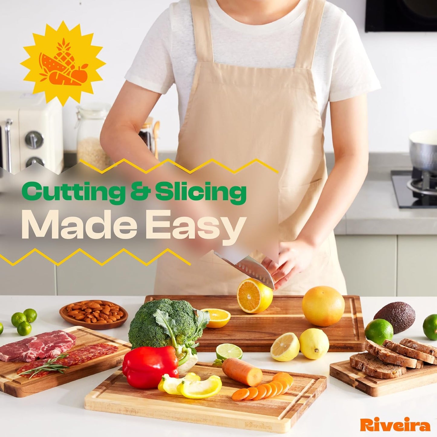 Riveira Acacia Wood Cutting Board – Gourmet Acacia Grandeur: 24 x 18 Wooden Cutting Board – Natural Wooden Cutting Boards For Kitchen Decorative – Innovative Juice Grooves Acacia Wooden Chopping Board