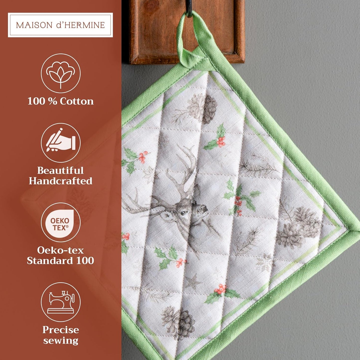 Maison d' Hermine Pot Holders Set 100% Cotton Heat Resistant Potholders 8" x 8" Hot Pads with Loop BBQ, Cooking, Baking, Grilling, Kitchen, Handling Hot Pans (Pack of 2, Christmas Dew)