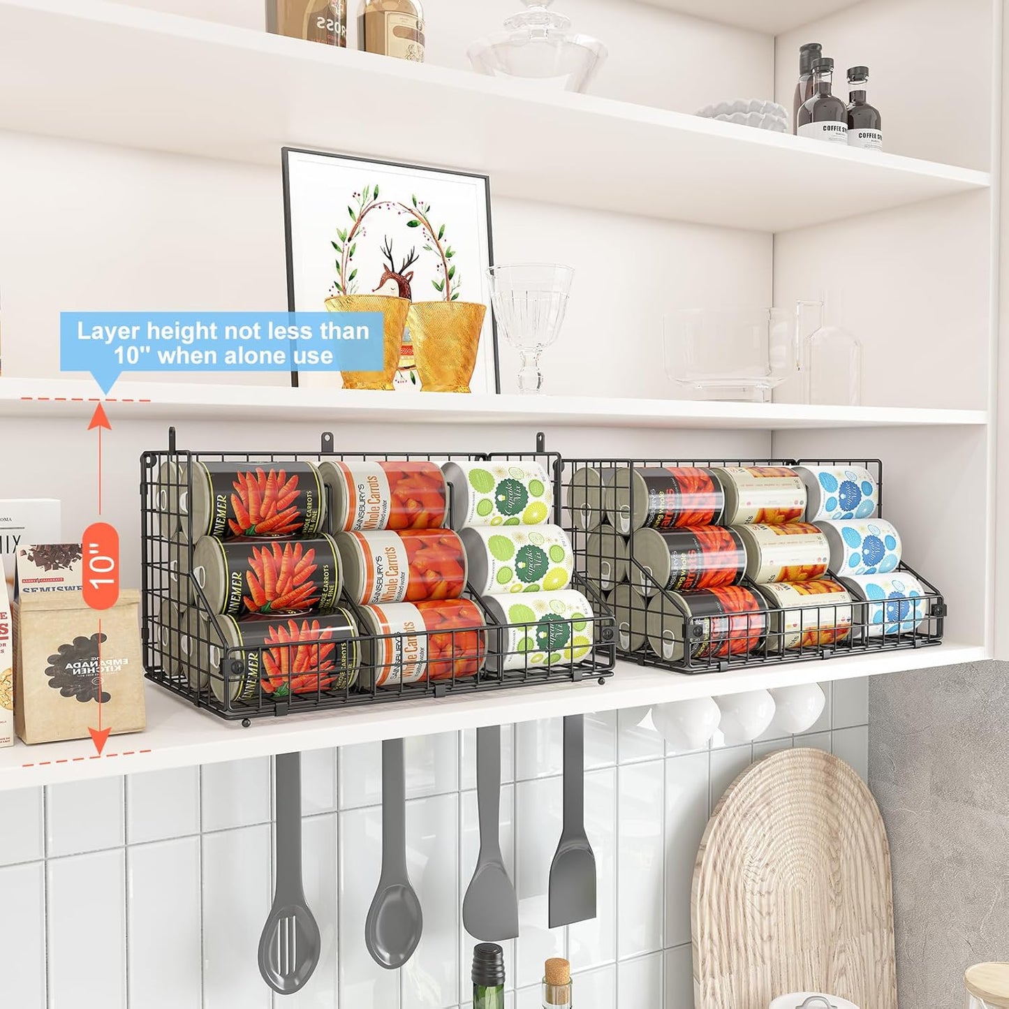 2 Pack Stackable Can Rack Organizer for Pantry Storage,Can Dispensers with 4 Adjustable Dividers, 2-Tier Metal Wire Basket Beverage Pop Soda Rack for Kitchen Cabinet Pantry, Black