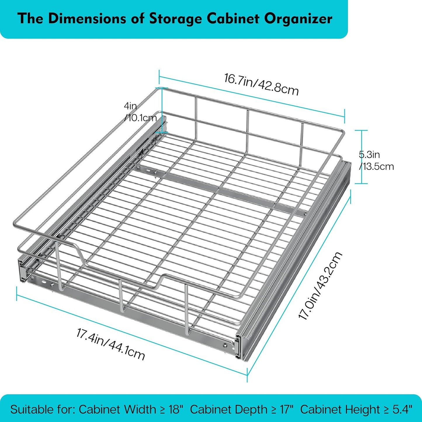 Pull Out Cabinet Organizer 17" W X 17" D, Slide Out Drawers For Kitchen Organizers and Storage, Pull Out Drawers For Cabinets Capacity Heavy Duty Caddy, Cabinet Shelves Chrome-Plated, Bathroom Pantry