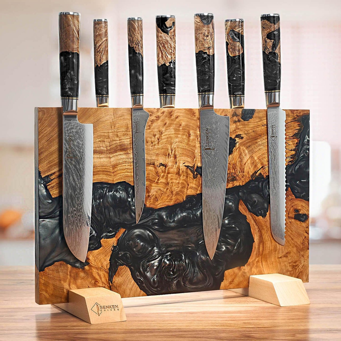 SENKEN "Black Tsunami" Extra Large Magnetic Knife Block - Holds Up to 16 Knives - Knife Block without Knives, Universal Knife Holder, Beautiful Dark Resin & Natural Wood Blend (Black Resin)