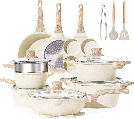 Caannasweis 20Pcs Cookware Sets, Nonstick Pots and Pans Set, Granite Induction Cookware, Non Stick Kitchen Cooking Set,Cream White 21 Piece Egg Pan Set, PFOS PFOA Free