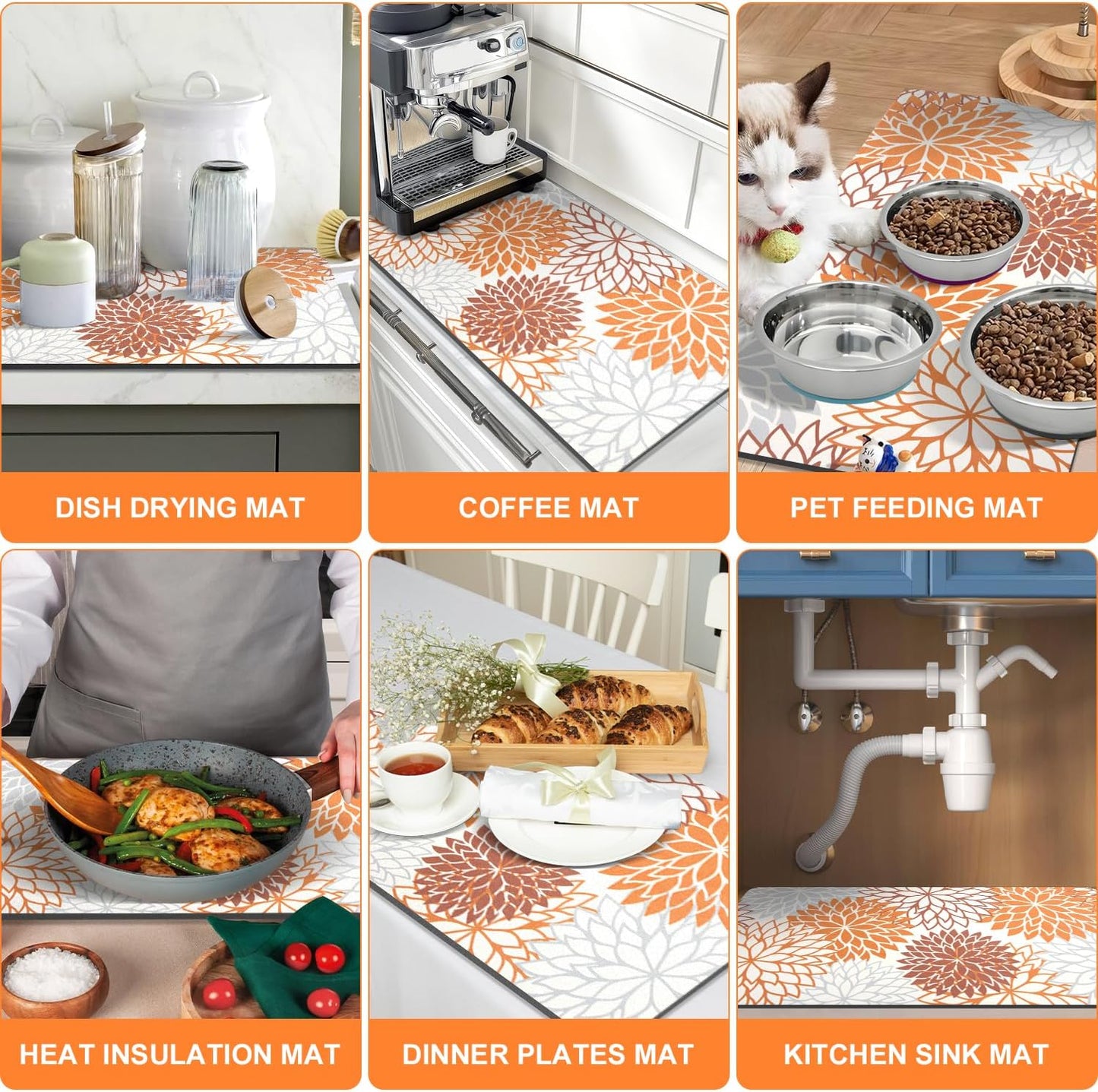 Findosom 2PCS 17" x 32" Dish Drying Mat & 24" x 5.5" Sink Splash Guard, Super Absorbent & Cuttable Dish Mat Drying Kitchen Mat with Orange Floral, Hide Stain Drying Mat for Kitchen Counter