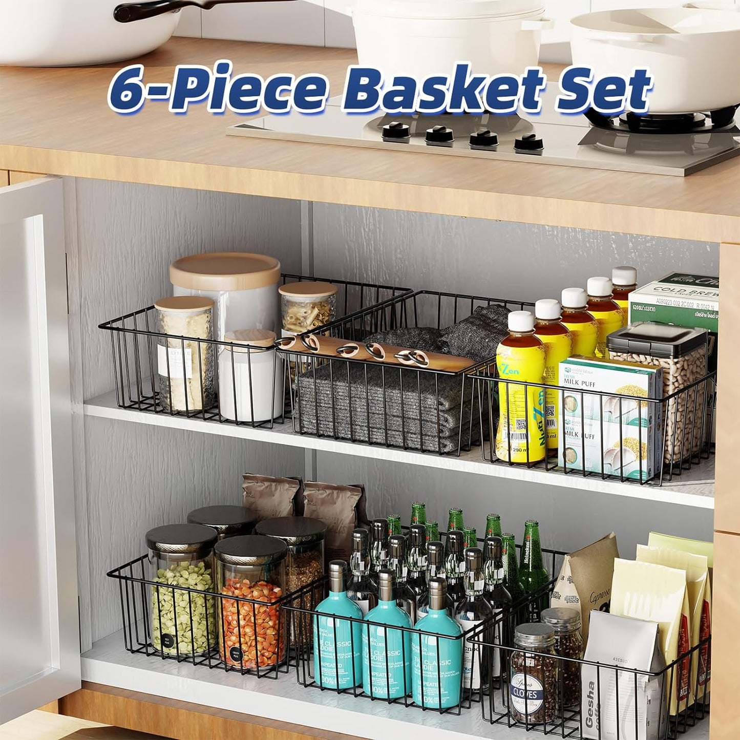 Simple Trending 6 Pack Large Wire Baskets for Organization, Metal Pantry Storage Baskets for Cabinet, Kitchen, Garage, Bathroom, Black