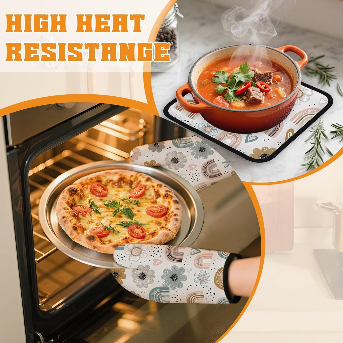 Cute Rainbows Oven Mitts and Pot Holders,Boho Floral Flowers Heat Resistant Oven Mitts Gloves and Pot Holder for Home Kitchen Decorations Cooking Baking BBQ Gifts,Set of 4