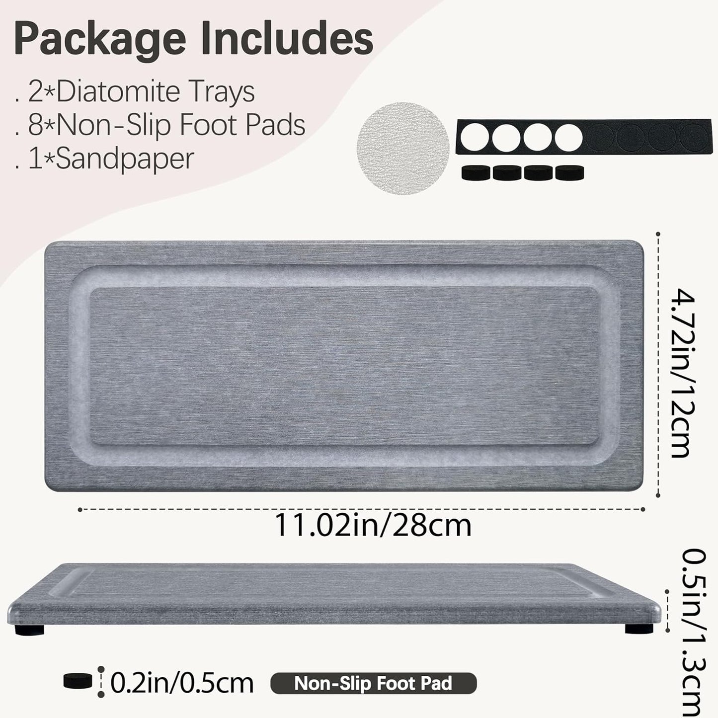 2 PCS Water Absorbing Stone Trays for Bathroom Sink & Kitchen Counter, Fast-Drying Diatomite Sink Coasters, Vanity Tray, Hand Soap Holder with Anti-Skid Pads (11" x 4.7" Gray)