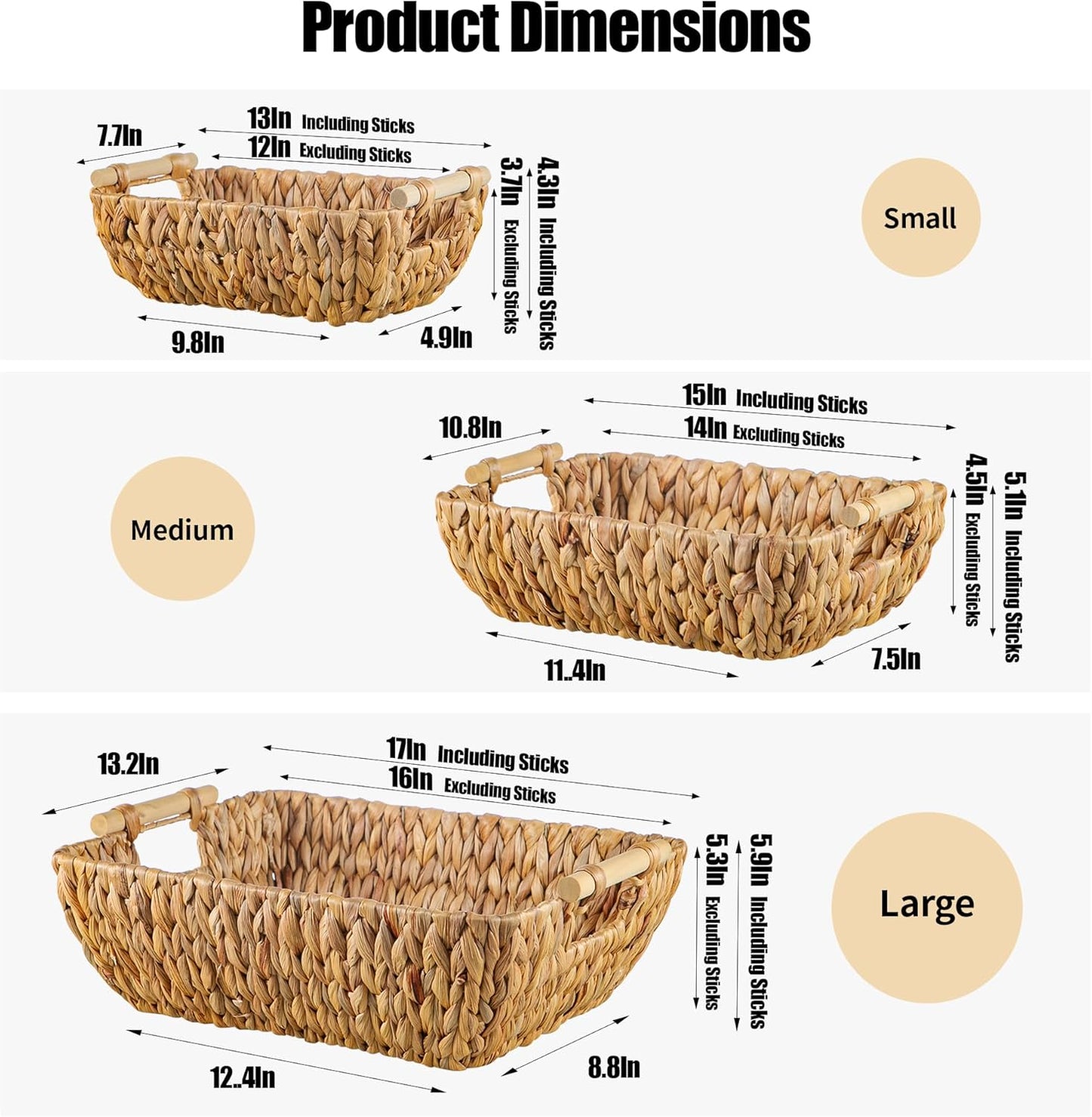 Woven Storage Baskets – Set of 3 Handwoven Water Hyacinth Wicker Baskets with Wooden Handles for Organizing, Decorative Baskets for Laundry Room, Home Decor - Large, Medium & Small