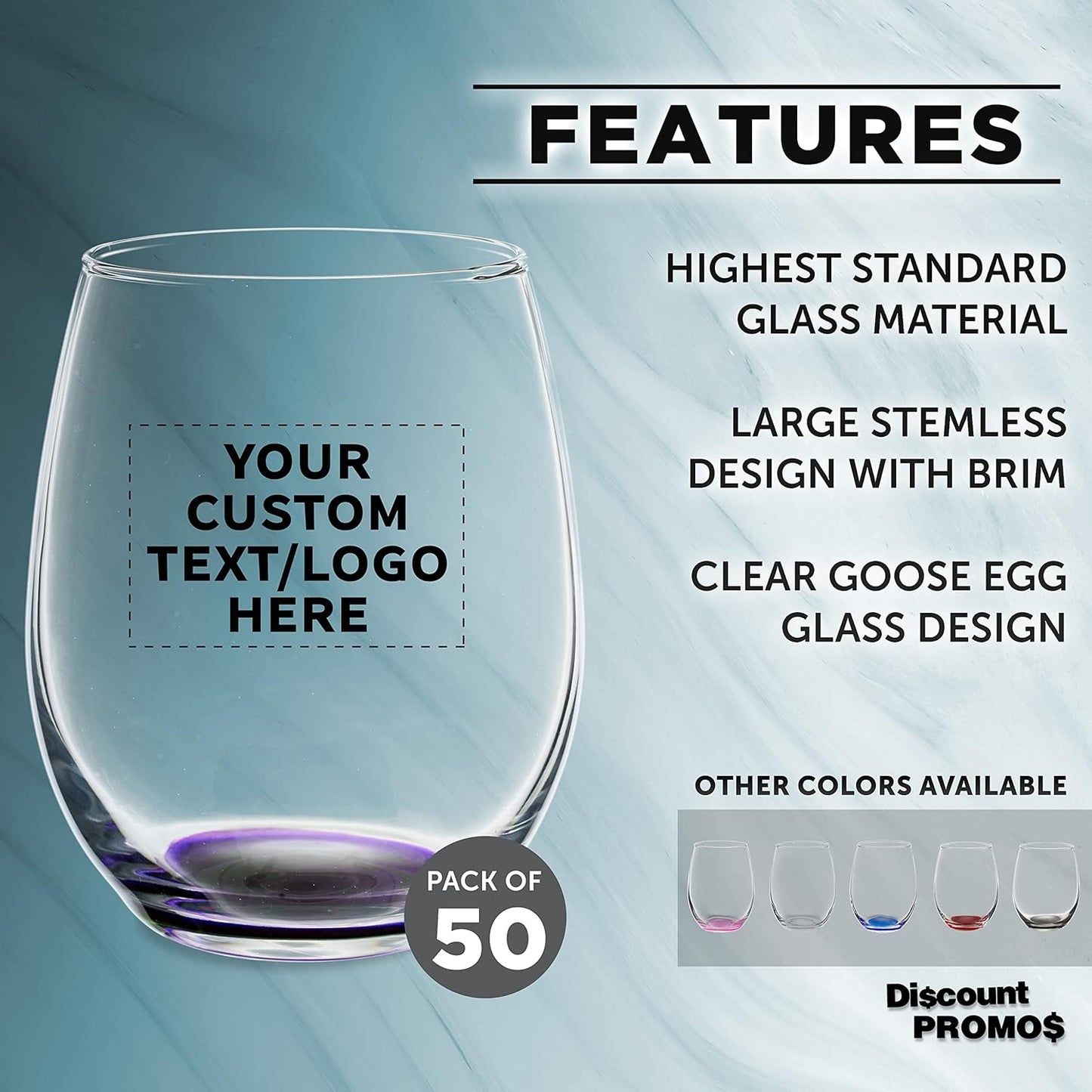Custom Stemless Wine Glasses in Bulk by ARC Perfection, 15 oz, 50 pack, Personalized Text, Logo, Purple or White Wine Glass Set, Purple