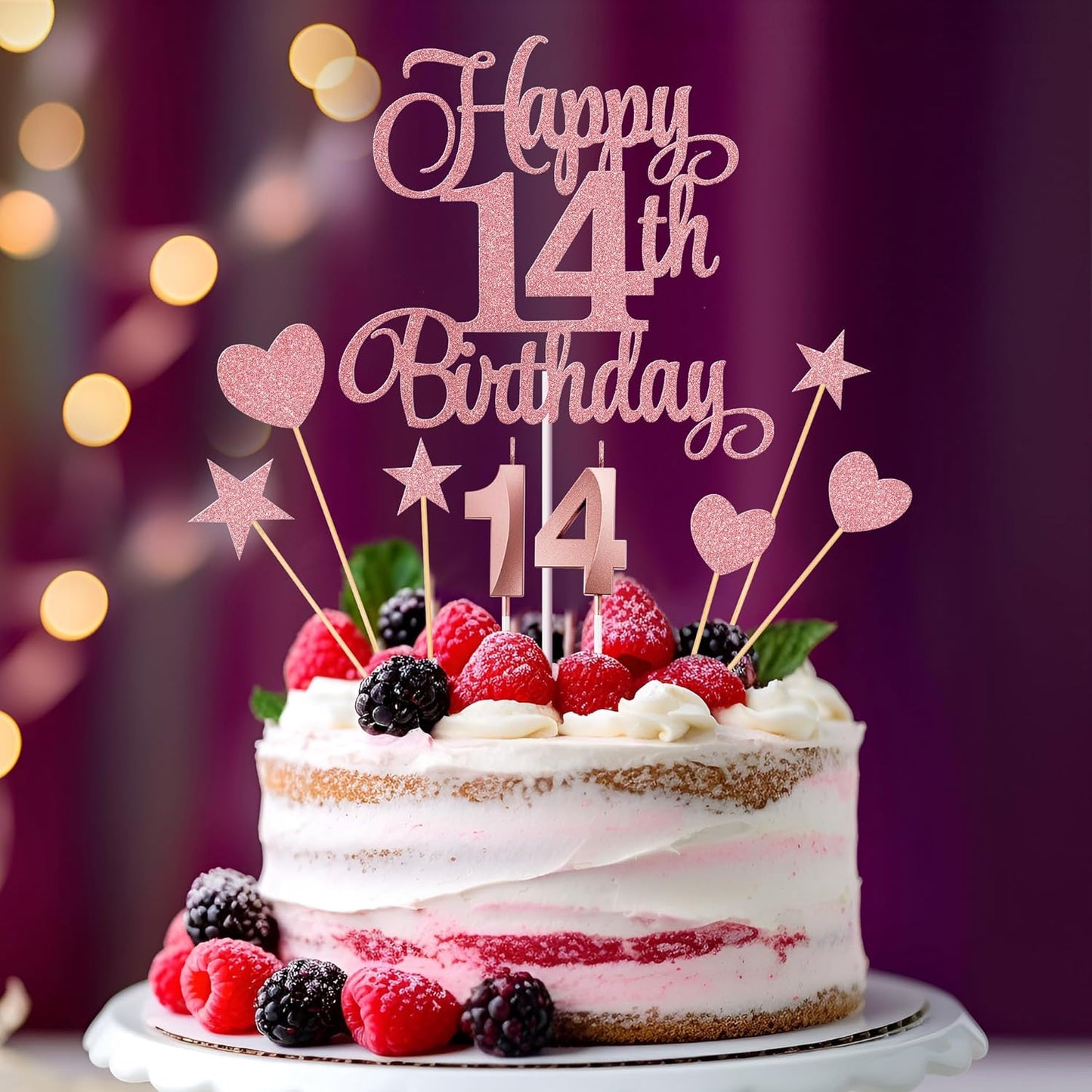 14th Birthday Cake Decorations, 14th Birthday Candles Cake Numeral Candles and Glitter Happy 14th Birthday Cake Toppers Set for Birthday Party Supplies (Rose Gold)