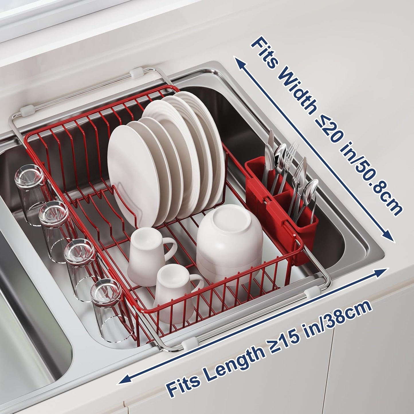 JASIWAY Dish Drying Rack in Sink, Red Dish Dryer Racks Over Sink, Dishes Drainers for Kitchen Sink, Stainless Steel Plates Drying Rack with Utensil Holder & Cups Holder