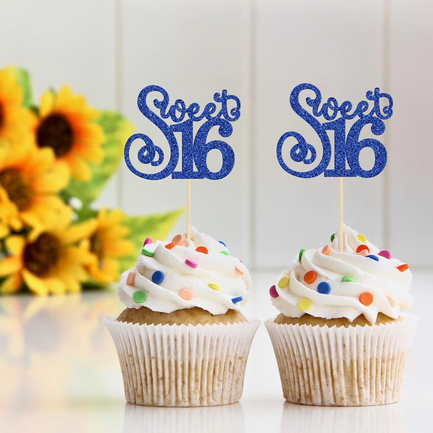 Gyufise 24 Pack 16th Birthday Cupcake Toppers Glitter Sixteen Happy Sweet 16 Cupcake Picks Cheers to 16 Years Old Cupcake Decorations for 16th Birthday Anniversary Party Cake Decorations Supplies Blue