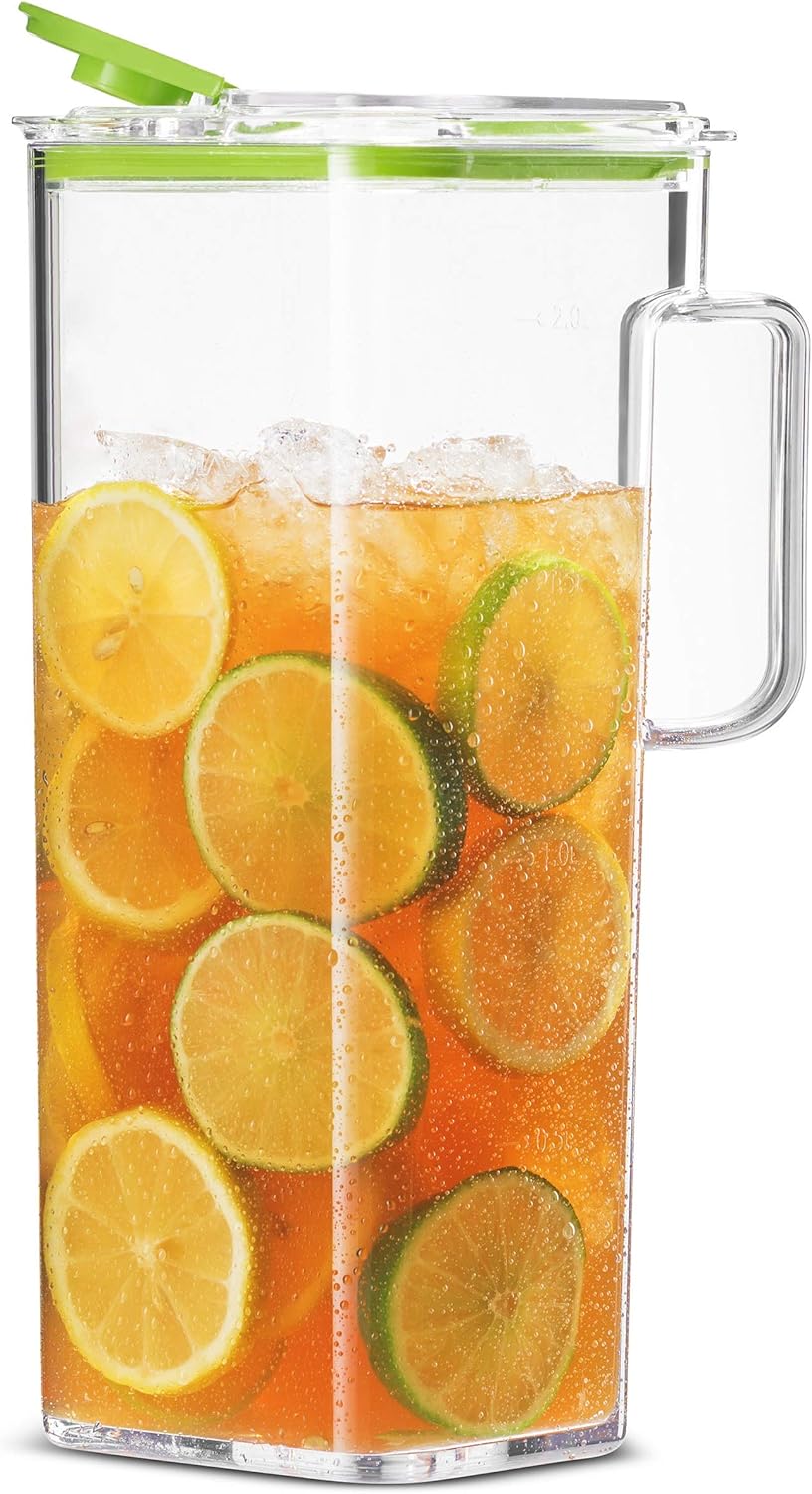 Komax Large Plastic Water Pitcher with Lid Square Water Carafe – BPA-Free, Dishwasher Safe – Water, Tea, or Juice Containers with Lids for Fridge (2.3 Liters)