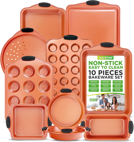 NutriChef 10-Piece Nonstick Baking Pan Set – Durable Carbon Steel Bakeware with Silicone Handles – Bakeware set Includes Cookie Sheet, Muffin, Cake, Pizza & Roasting Pans – Even Heating, Easy Cleanup