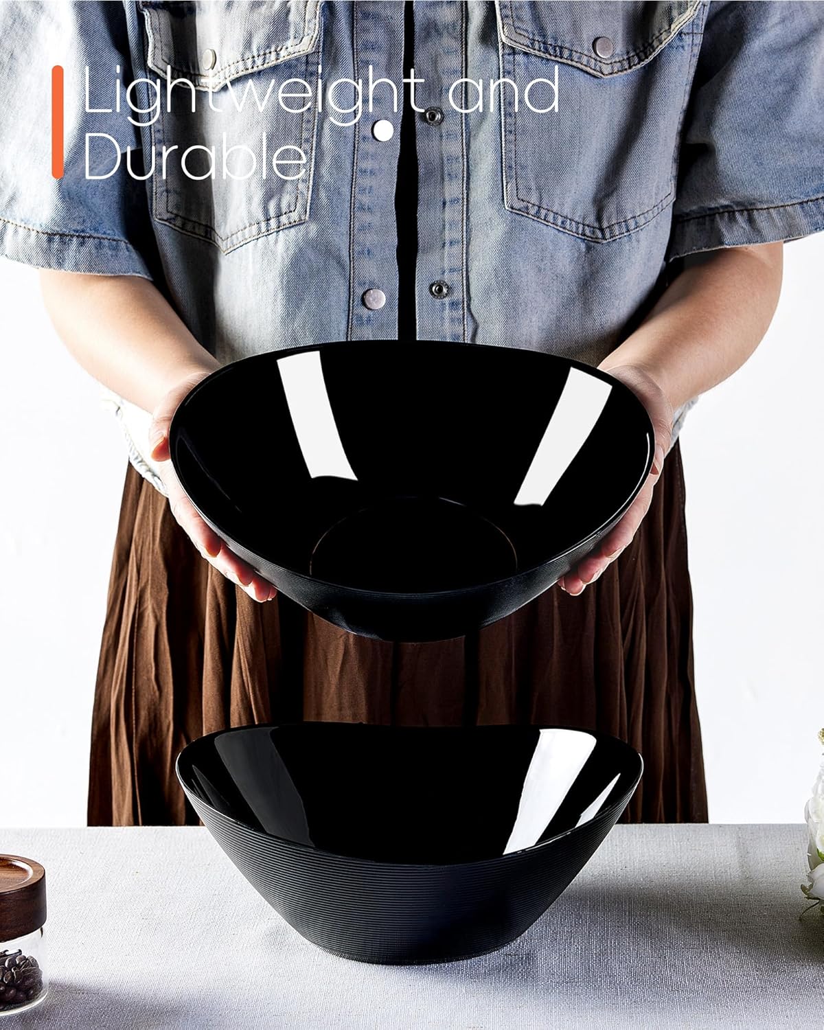 66 OZ Salad Bowl Set of 2, Opal Glass 10 inch Lightweight Serving Dishes for Salad, Fruit, Kitchen Microwave & Dishwasher Safe, Oval Shape Black