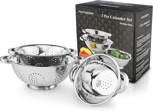 Avador Set of 3 Stainless Steel Colanders, Comes in 1.5 Quart 3qt Quart and 5 Quart for all your Cooking | Baking | Prepping Needs