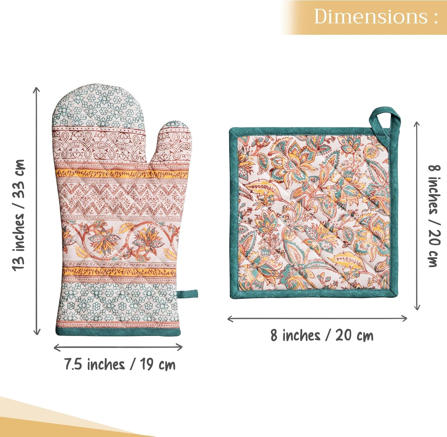 Maison d' Hermine 100% Cotton Oven Mitt & Pot Holder Set (7.5"x13" & 8"x8") Heat Resistant BBQ Cooking Gloves with Loop, Baking, Grilling, Kitchen, Handling Hot Pans (Nila)