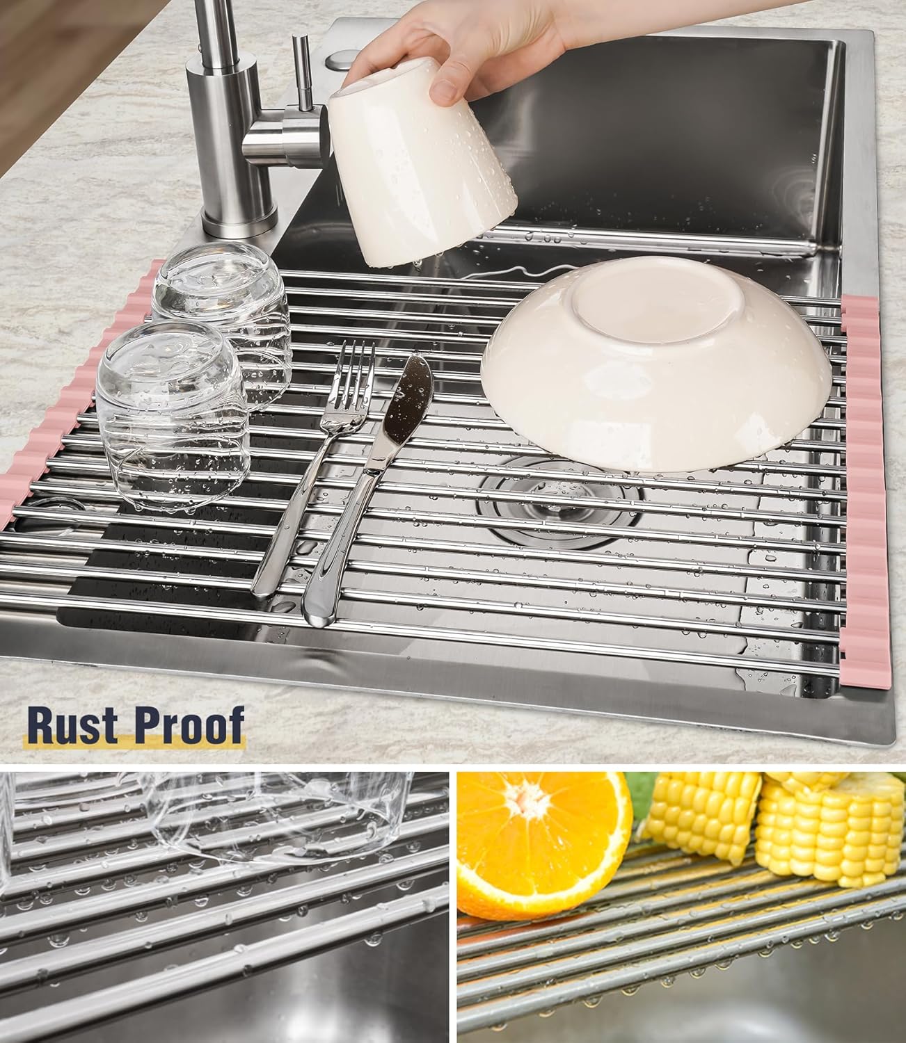 Tomorotec 17.7" x 12.5" Roll Up Dish Drying Rack Over Sink Drying Rack Sink Cover Kitchen Sink Accessories Gadget Multipurpose Organizer Foldable Stainless Steel Drainer