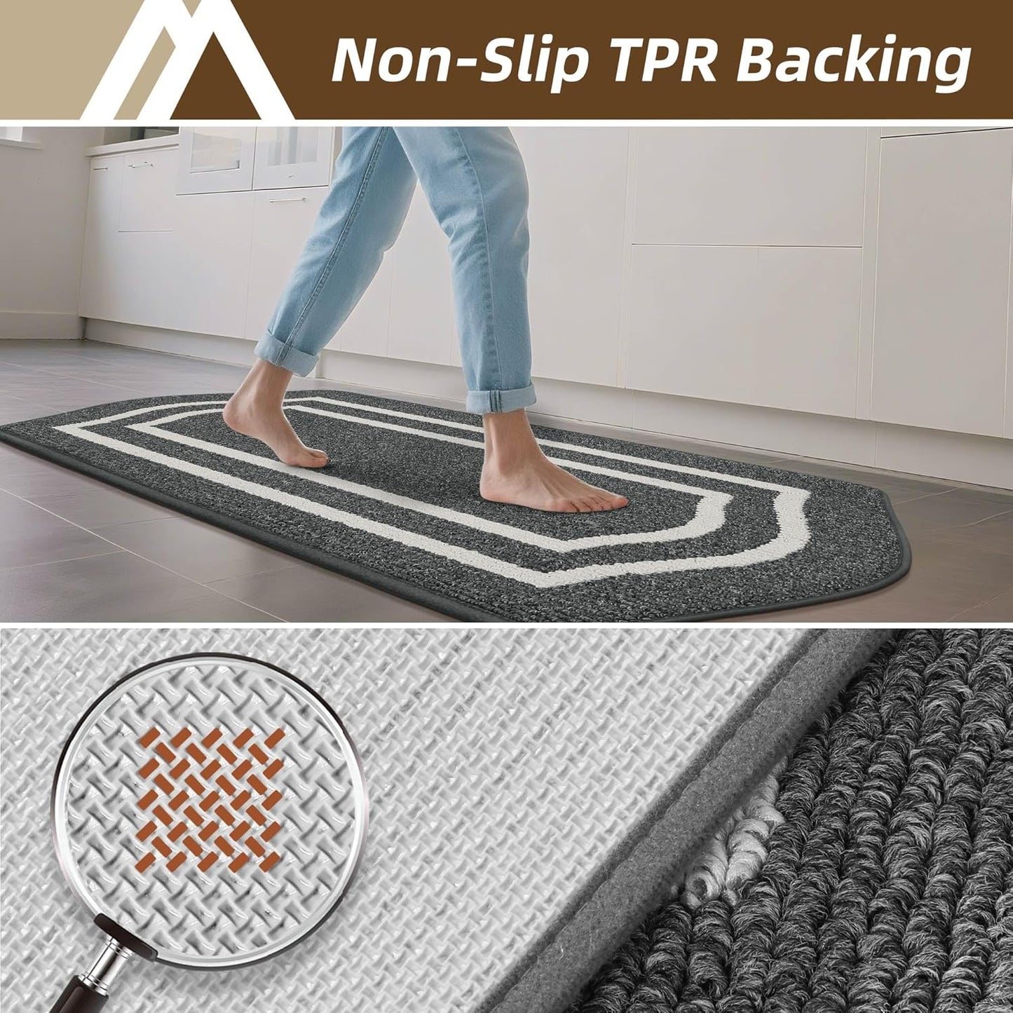 COSY HOMEER Long Kitchen Floor Mats for in Front of Sink Super Absorbent Kitchen Rugs and Mats 24"x48"+24"x59"Non-Skid Kitchen Mat Standing Mat Washable,Polypropylene,Dark Grey,Frame