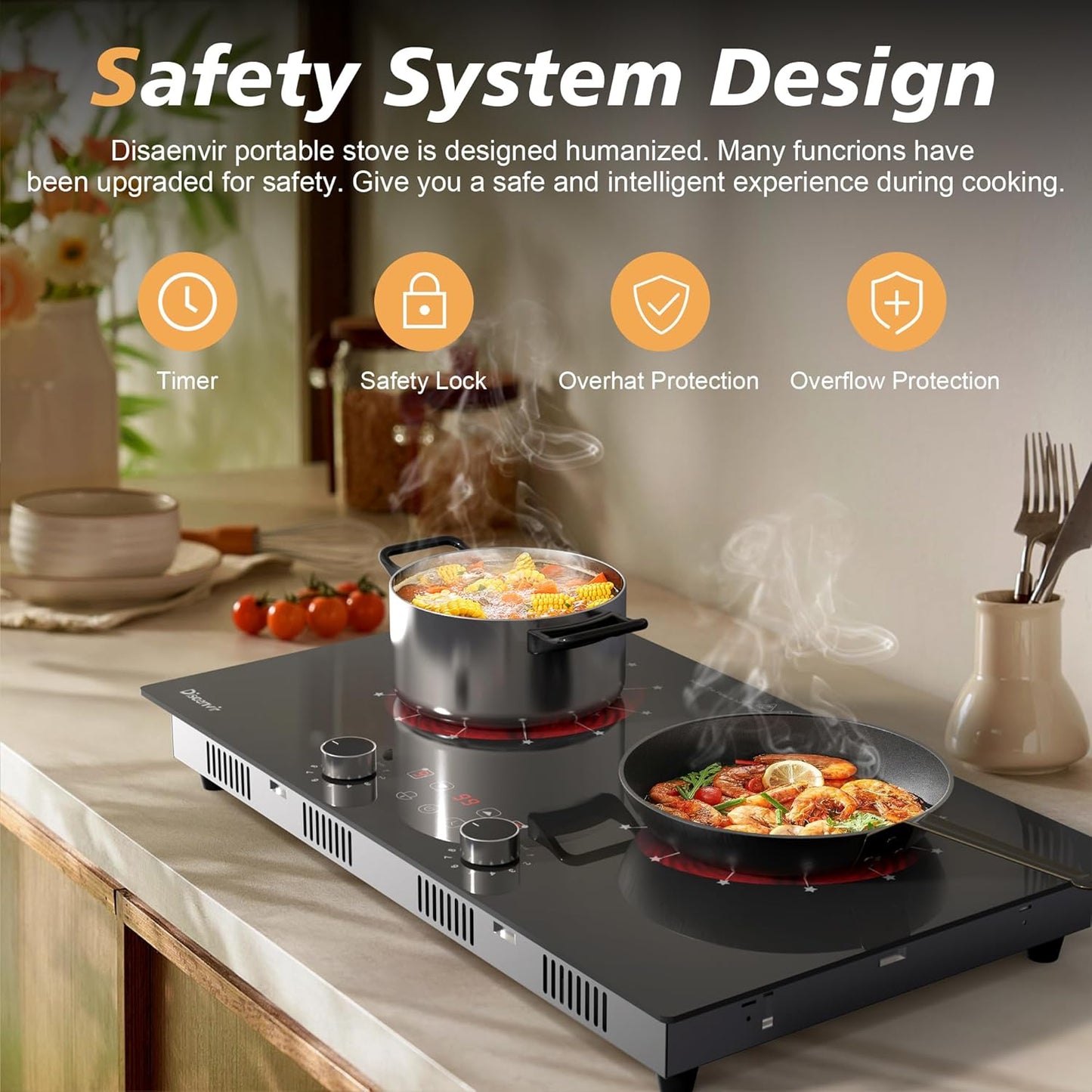 2 Burner Electric Cooktop 110V - 24 Inch Ceramic Stove Top Countertop & Built-in, 2000W Two Burner Radiant Electric Cook Top with LCD Touch & Knob Control, Timer, Safety Lock, 120V Plug in