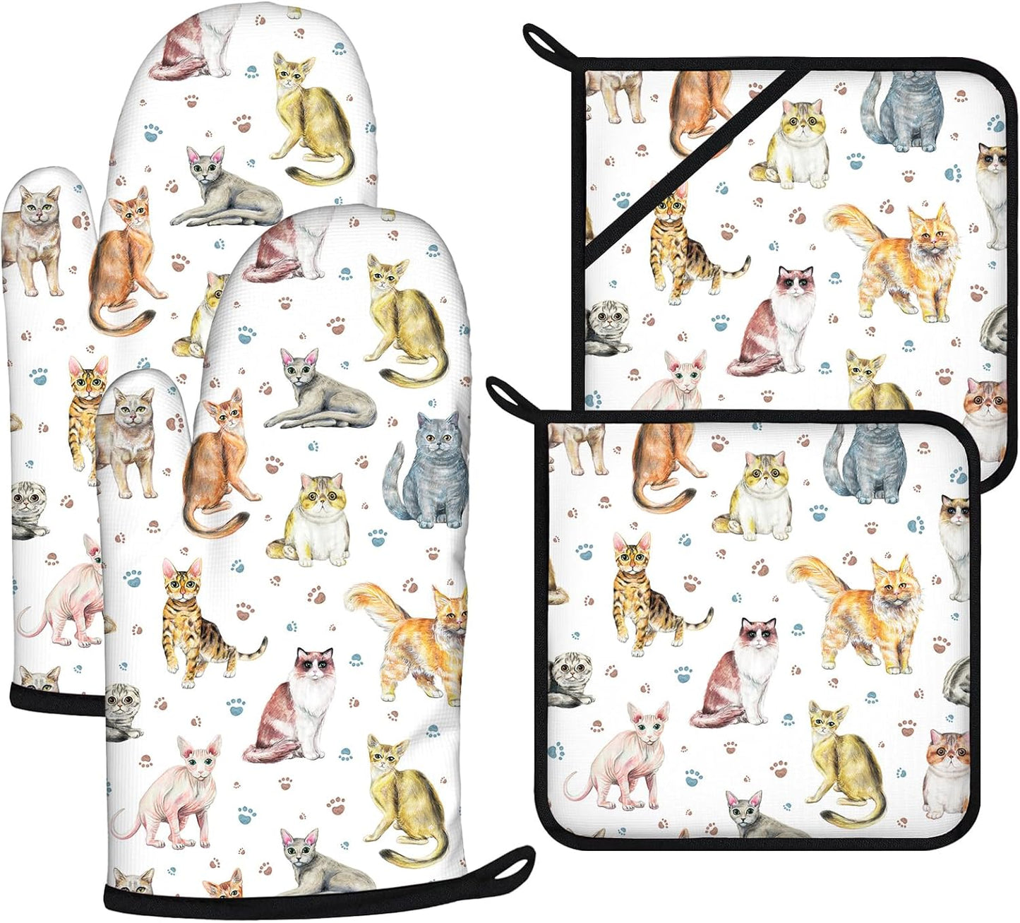 Cute Cats Oven Mitts and Pot Holders Sets 4Pcs,Extra Long Oven Gloves Potholder for Kitchen Cooking Baking BBQ 100% Cotton Heat Resistant