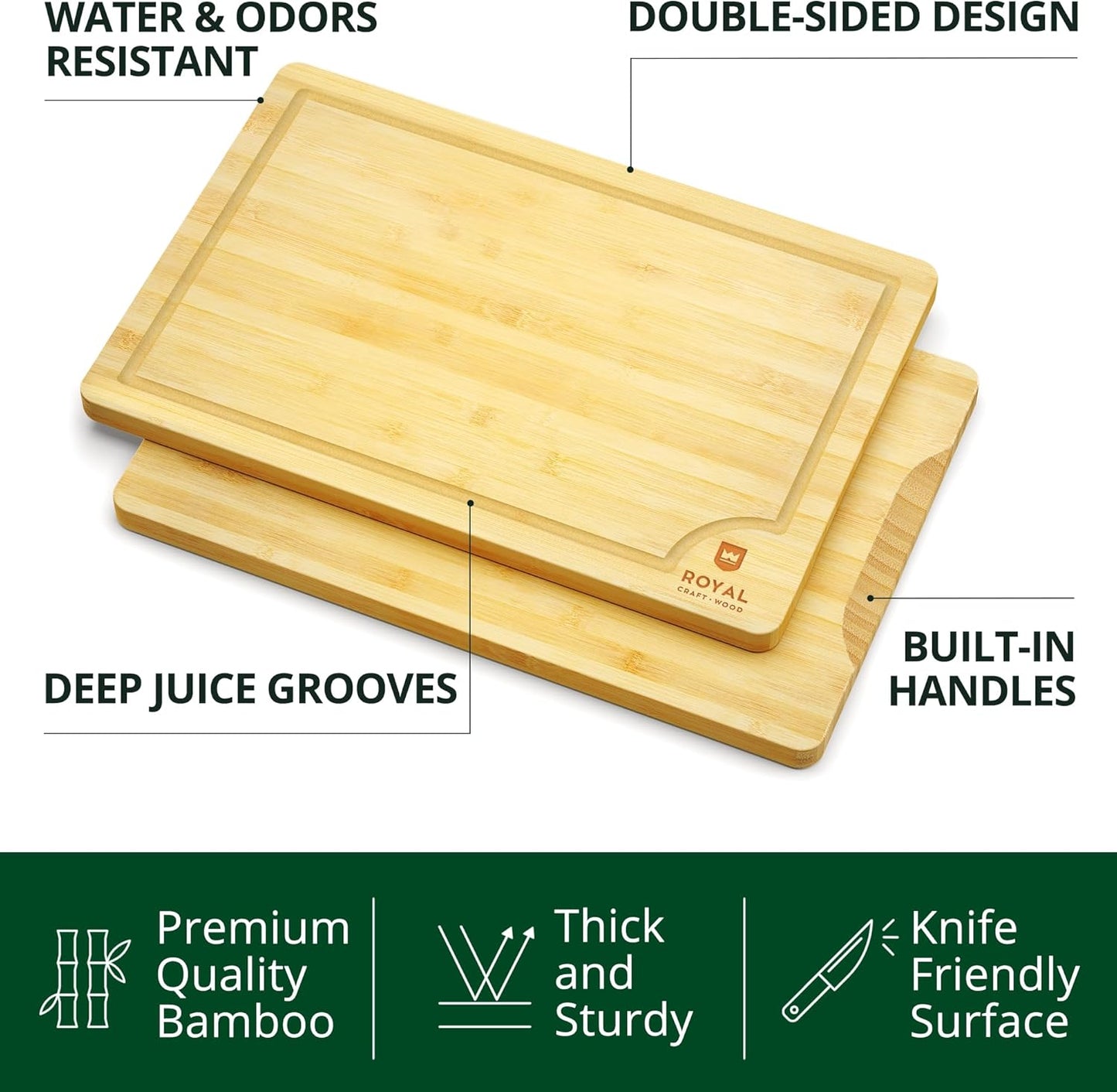 ROYAL CRAFT WOOD Wooden Cutting Boards for Kitchen Meal Prep & Cutting - Bamboo Wood Cutting Board Set with Deep Juice Groove Side Handles - Charcuterie & Chopping Butcher Block for Meat (4 Pcs)