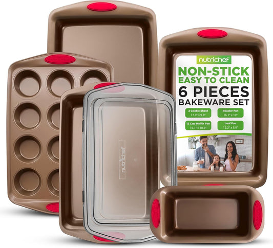 NutriChef 6-Piece Baking Pan Set - PFOA, PFOS, PTFE Free Flexible Nonstick Golden Coating Carbon Steel Bakeware - Professional Home Kitchen Bake Cookie Sheet Stackable Tray w/Red Silicone Handles