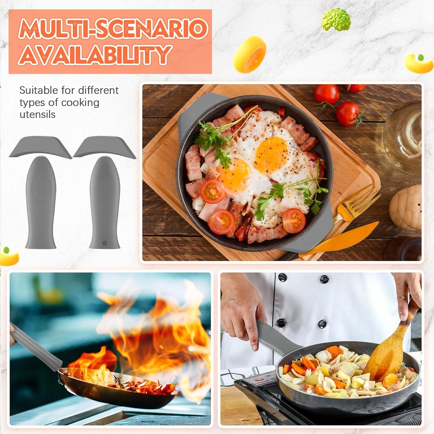 Domensi 4 Pcs Silicone Hot Handle Holder Set Cast Iron Skillet Handle Covers Heat Resistant Silicone Assist Handle Holder for Frying Pans Cast Iron Skillet Griddles Cookware(Grey)