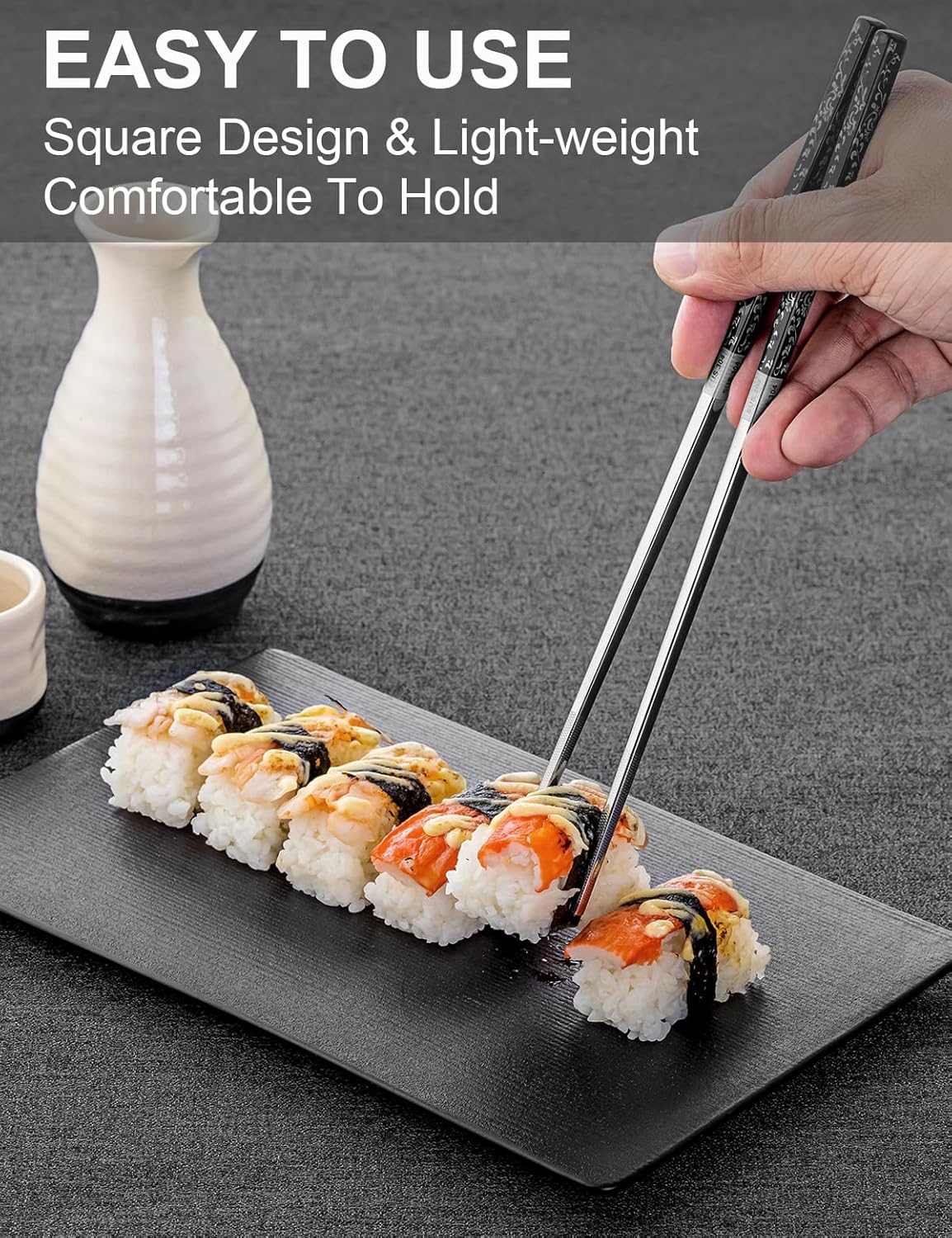 Metal Reusable Chopsticks 2 Pairs Titanium Plated Stainless Steel Chopsticks with Holder, Dishwasher Safe Non-Slip Japanese Style Chop Sticks Present Set (Black Silver)