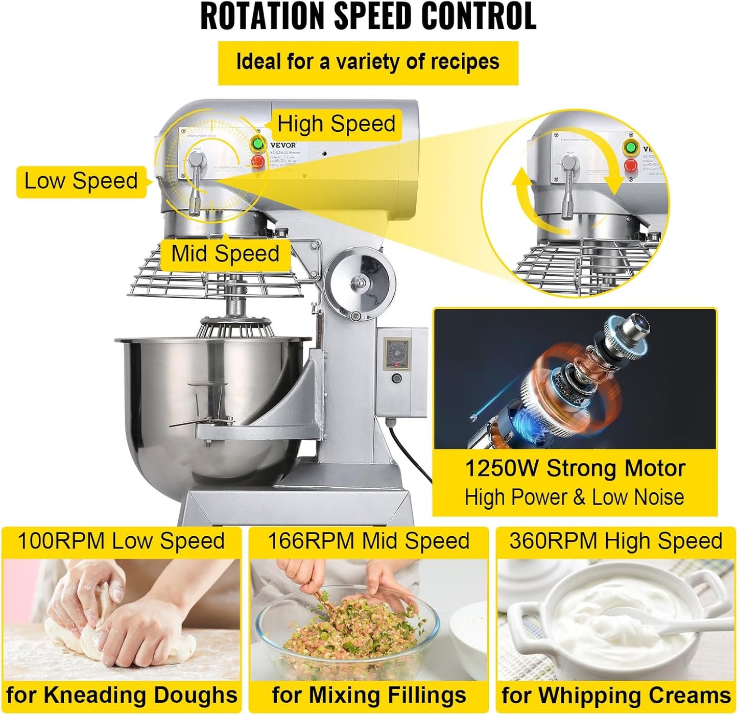 Happybuy 30Qt Commercial Food Mixer with Timing Function， Commercial Mixer 1250W Stainless Steel Bowl Heavy Duty Electric Food Mixer Commercial with 3 Speeds Adjustable, Perfect for Bakery Pizzeria