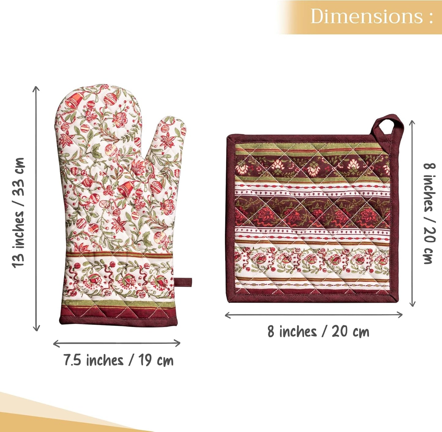 Maison d' Hermine 100% Cotton Oven Mitt & Pot Holder Set (7.5"x13" & 8"x8") Heat Resistant BBQ Cooking Gloves with Loop, Baking, Grilling, Kitchen, Handling Hot Pans (Reveillon Au Jardin)