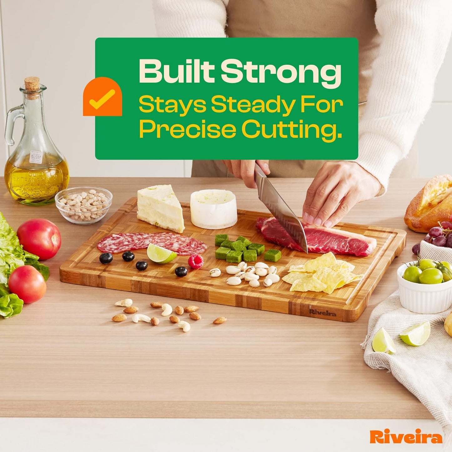 Riveira Bamboo End Grain Wood Cutting Board – Gourmet Bamboo Grandeur: 20 x 14 Wooden Cutting Boards – Wooden Cutting Boards For Kitchen Decorative – Innovative Juice Grooves End Grain Cutting Board