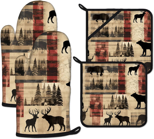 Deer and Bear Oven Mitts and Pot Holders Sets Heat Resistant 4Pcs Wild Animal Potholders Oven Gloves Hot Pads for Kitchen Baking Cooking Grilling BBQ
