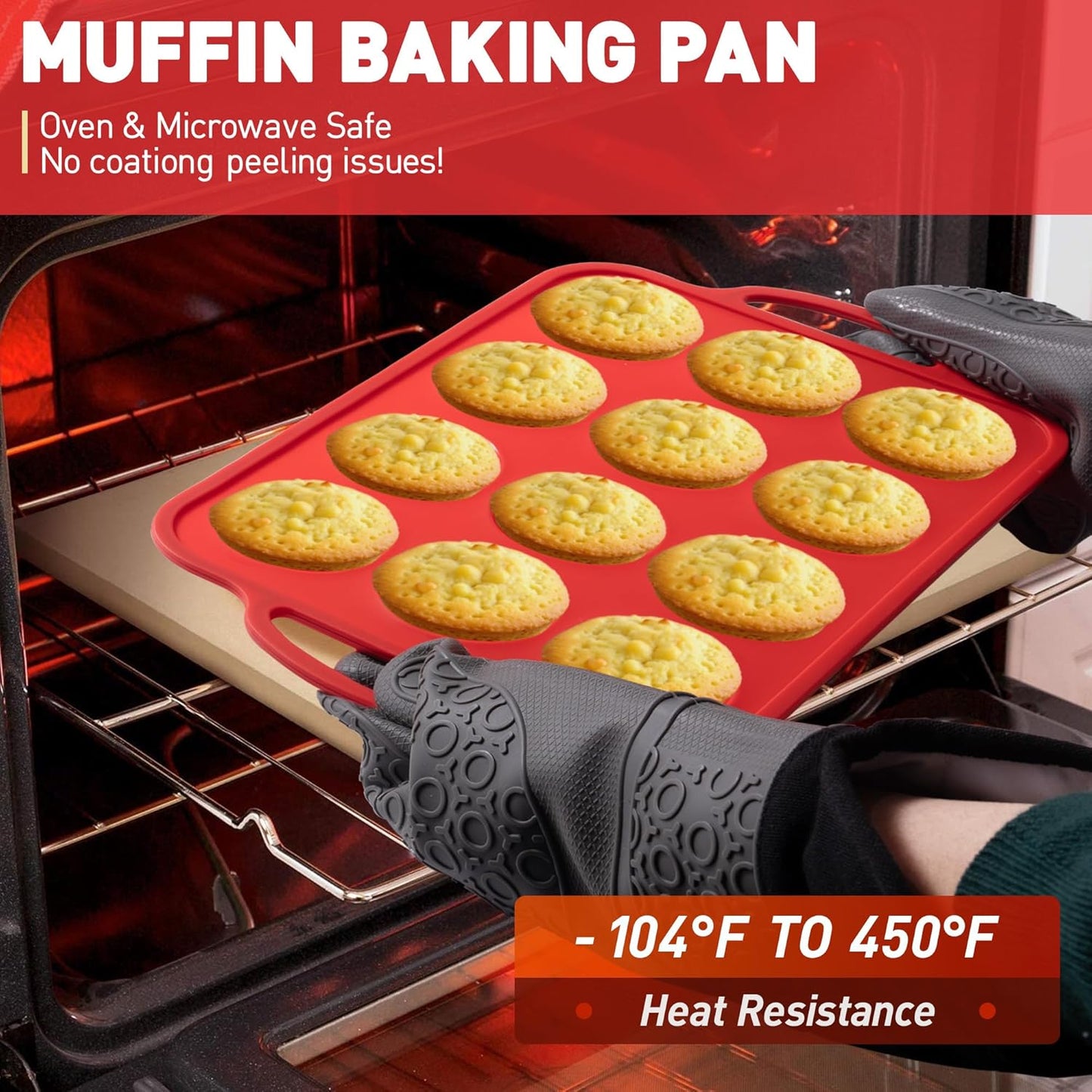 Silicone Muffin Pan for Baking with Metal Reinforced Frame, 12 Cup Regular Size Cupcake Pan Flame Red