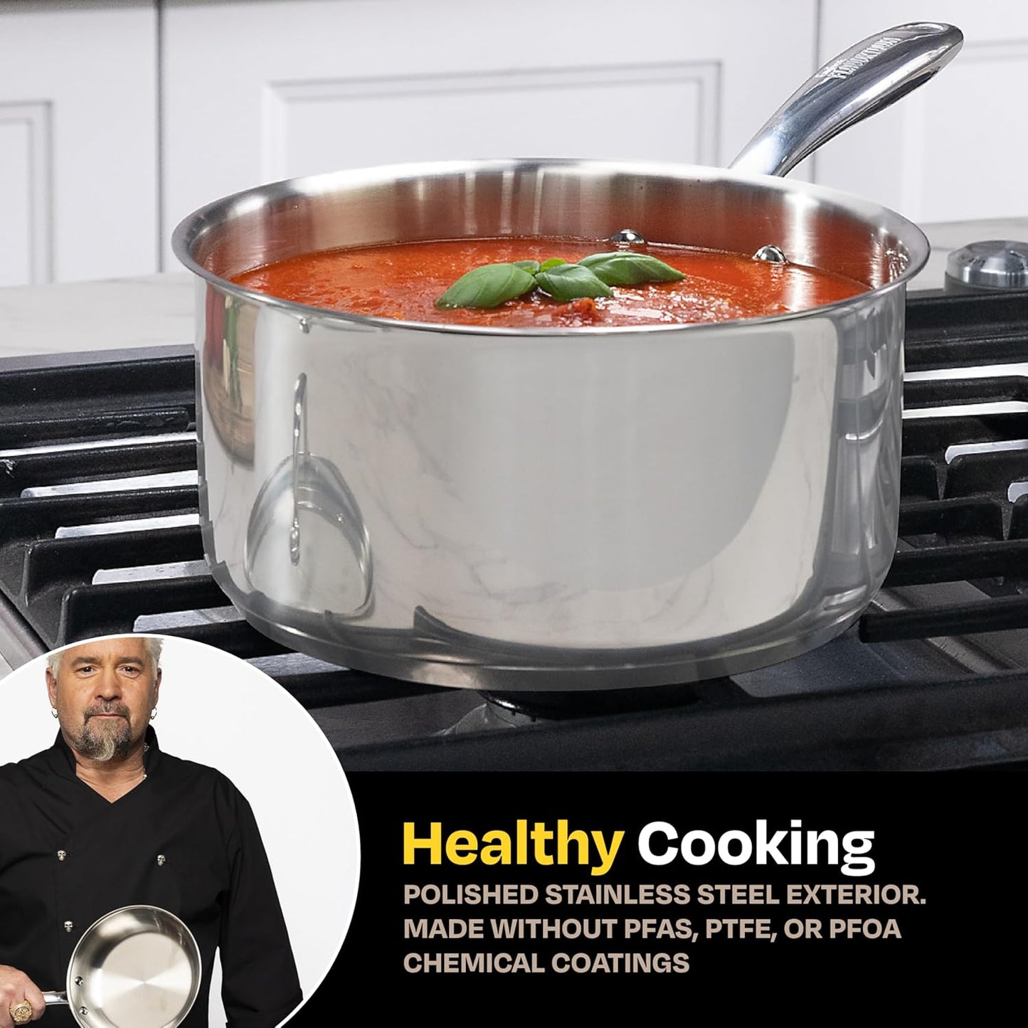 Guy Fieri's Flavortown 3.2-Quart Stainless Steel Sauce Pan with Tempered Glass Lid - Kitchen Cookware with Tri-Ply Base, Oven Safe to 500°F, Dishwasher Friendly, Works with Gas & Induction Cooktops
