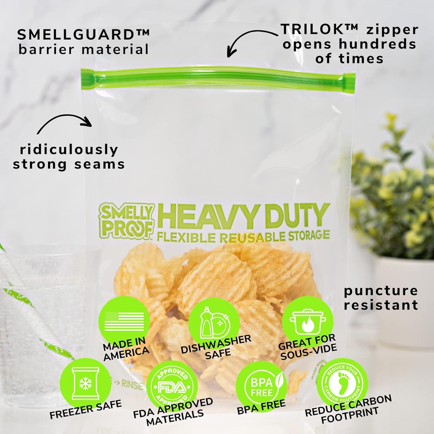 HEAVY DUTY Reusable STAND-UP Bags for Food Storage by Smelly Proof, USA Made, NO PEVA & BPA FREE, Reusable Freezer Bags, Dishwasher-Safe, Triple Zip, CLEAR 5-mils LRG Quart 8.75" x 9.5" - 5pk