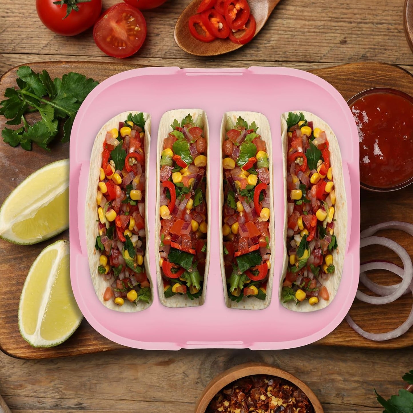 Remerry Silicone Taco Holder Plates Set of 2 Colorful Reusable Taco Holder with 4-Shell Slots for Hard/Soft Serving Plates Dishwasher Microwave Family Dinner Tortillas Party Serving(Blue, Pink)