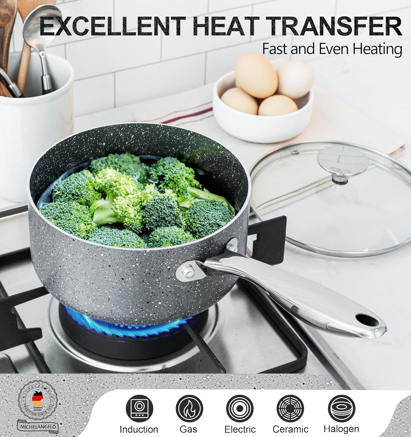 MICHELANGELO Sauce Pans with Lids, Granite Saucepan Set of 3, 1.5Qt & 2Qt & 3Qt Nonstick Small Pots with Non-Toxic Coating, All Cooktops Compatible