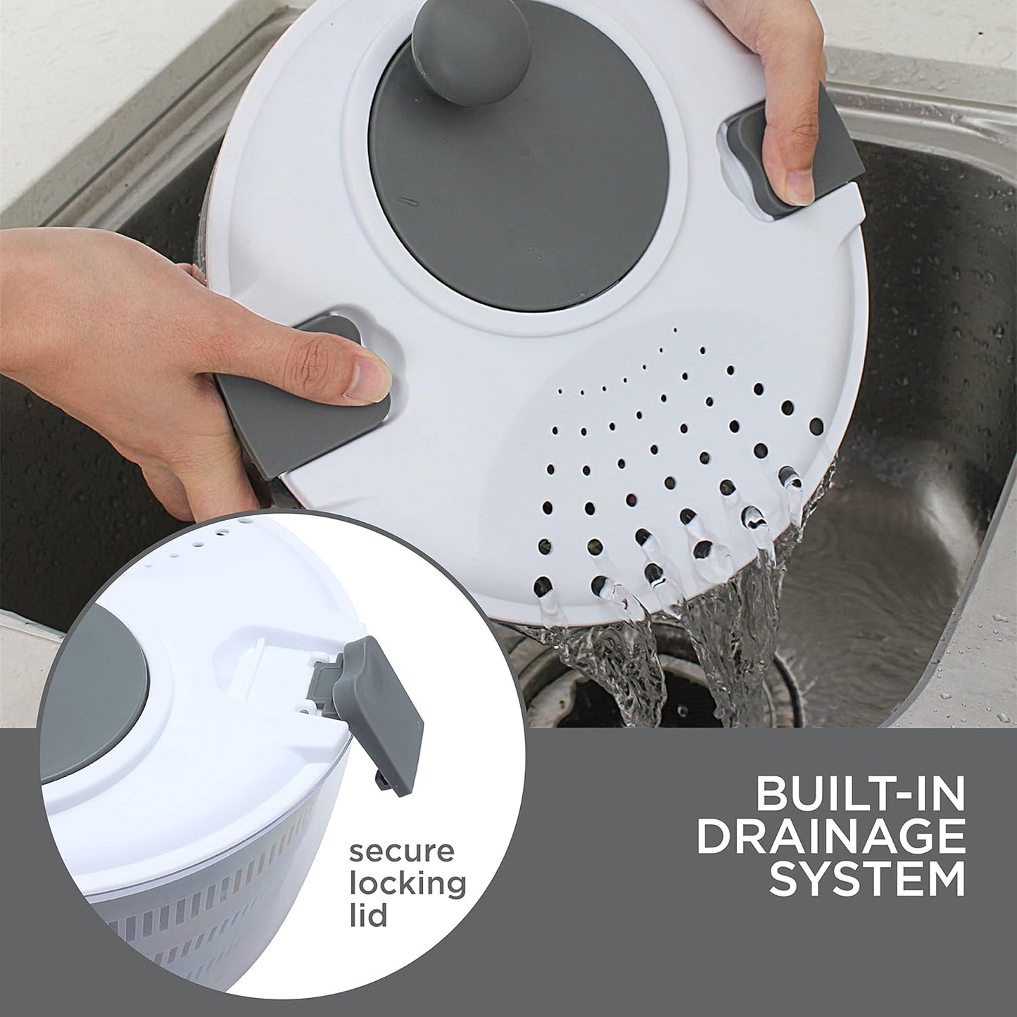 Cook with Color Salad Spinner - Lettuce and Produce Dryer with Bowl, Colander and Built in draining System for Fresh, Crisp, Clean Salad and Produce (Grey)