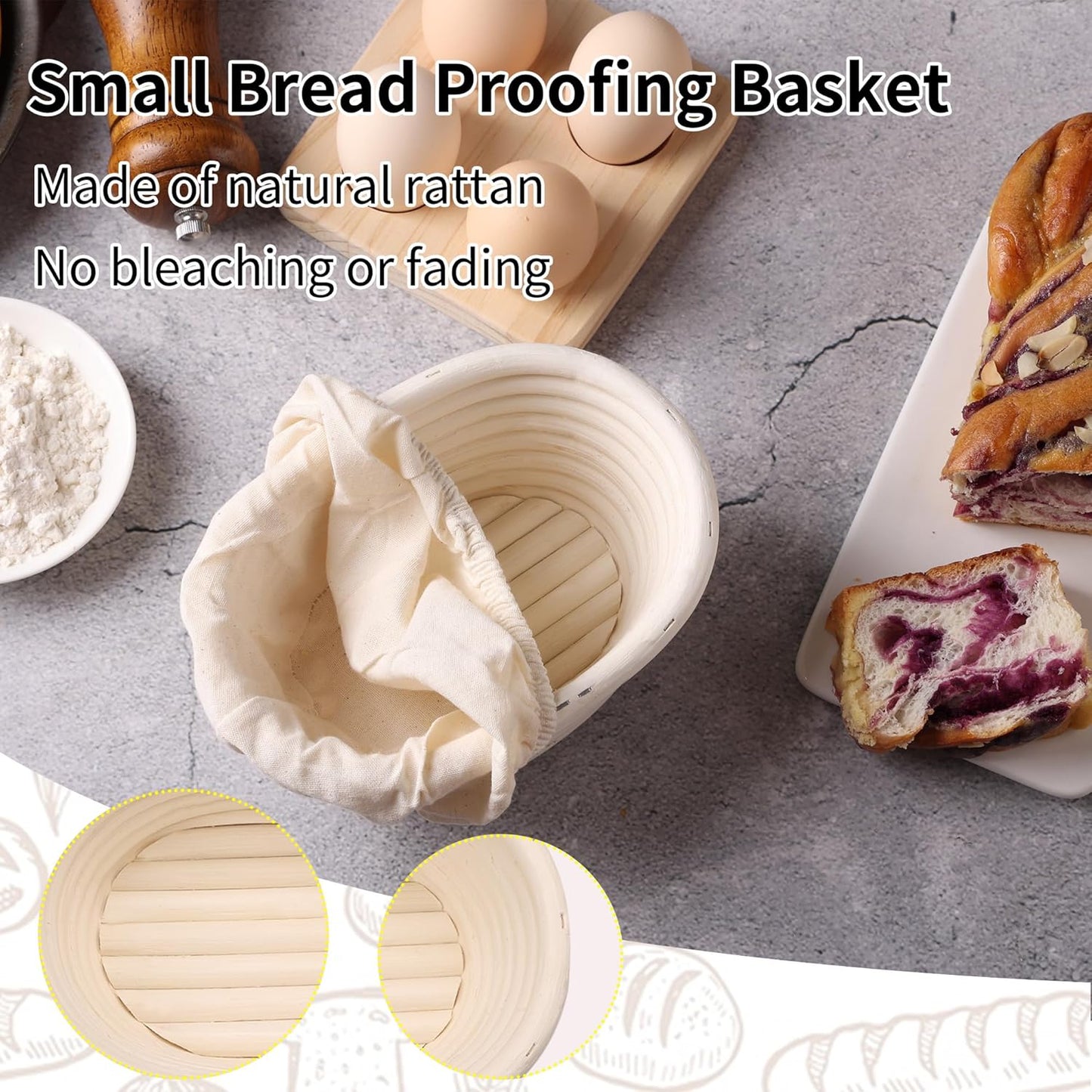 (6.7x4.7x3in) Mini Banneton Bread Proofing Basket Set of 6, Oval Sourdough Bread Basket with Liner Professional & Home Bread Baking Supplies (Small Oval)