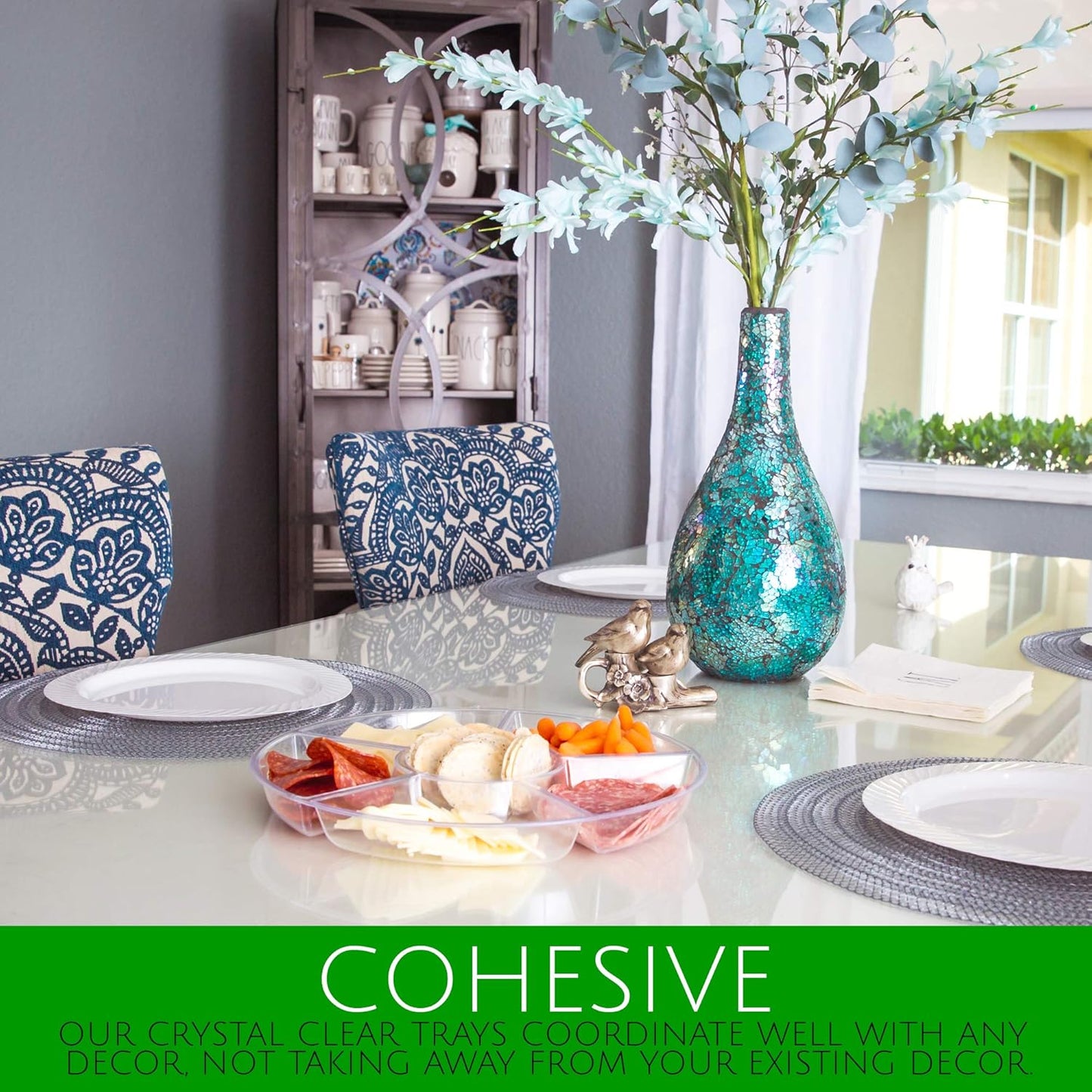 Plasticpro 6 Sectional Round Plastic Serving Tray/Platters Clear Pack of 8