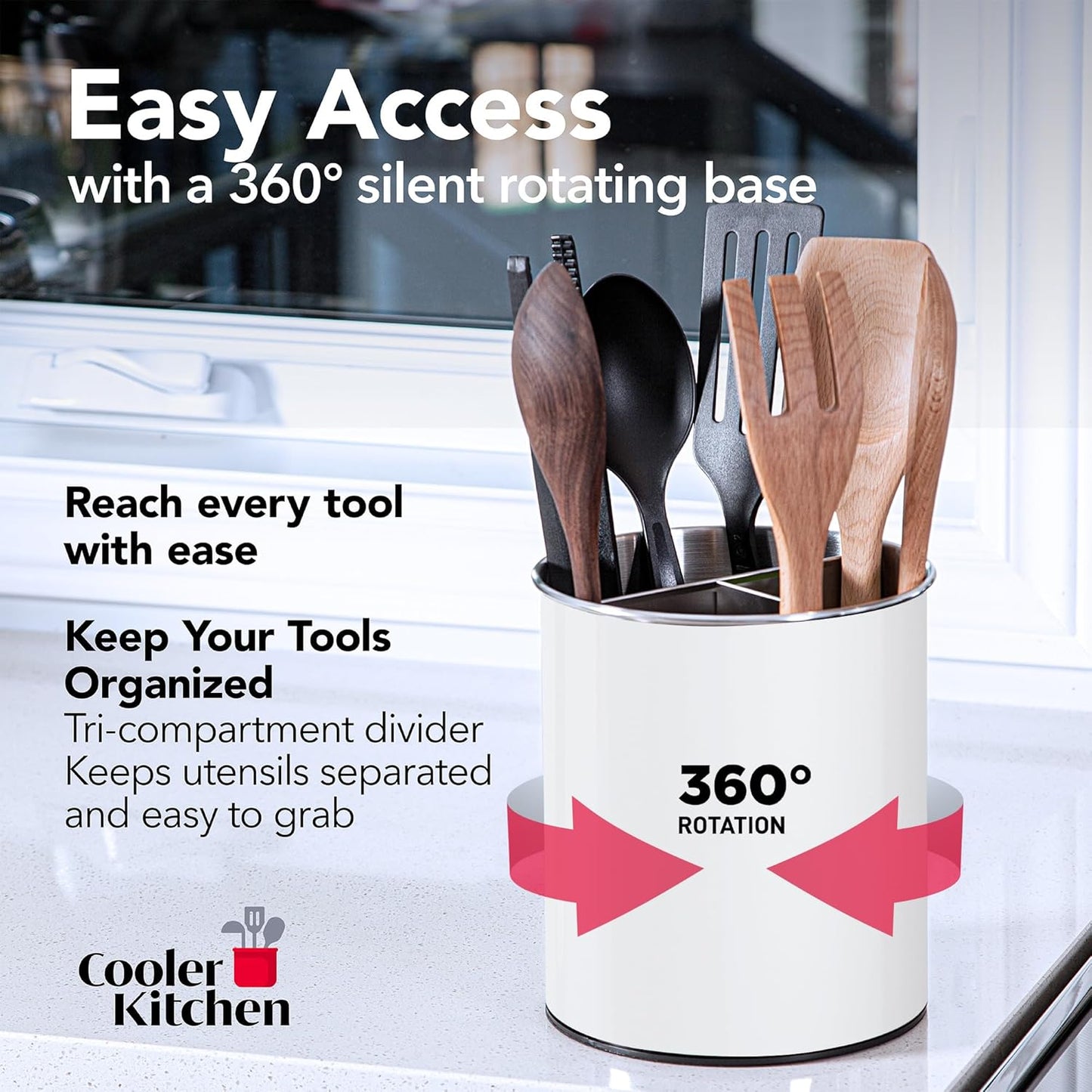 Rotating Extra Large Stainless Steel Utensil Holder Caddy with Sturdy No-Tip Weighted Base, Removable Divider, and Gripped Insert Bottom - Dishwasher Safe Metal Cooking Utensil Holder (White)