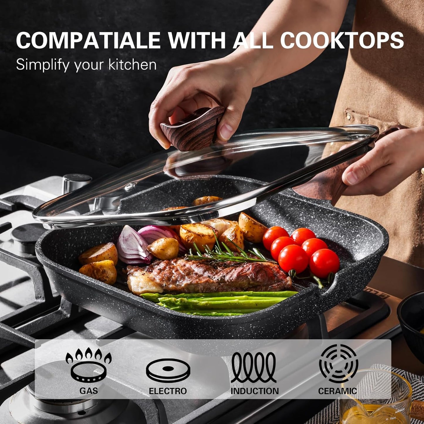 Nonstick Grilling Pan with Lid for Stove Tops, 9.5 Inch Square Grill Pan for Indoor Cooking, Granite Coating Grill Skillet with Pour Spouts, Versatile Griddle, Induction Steak Pan, PFOA Free