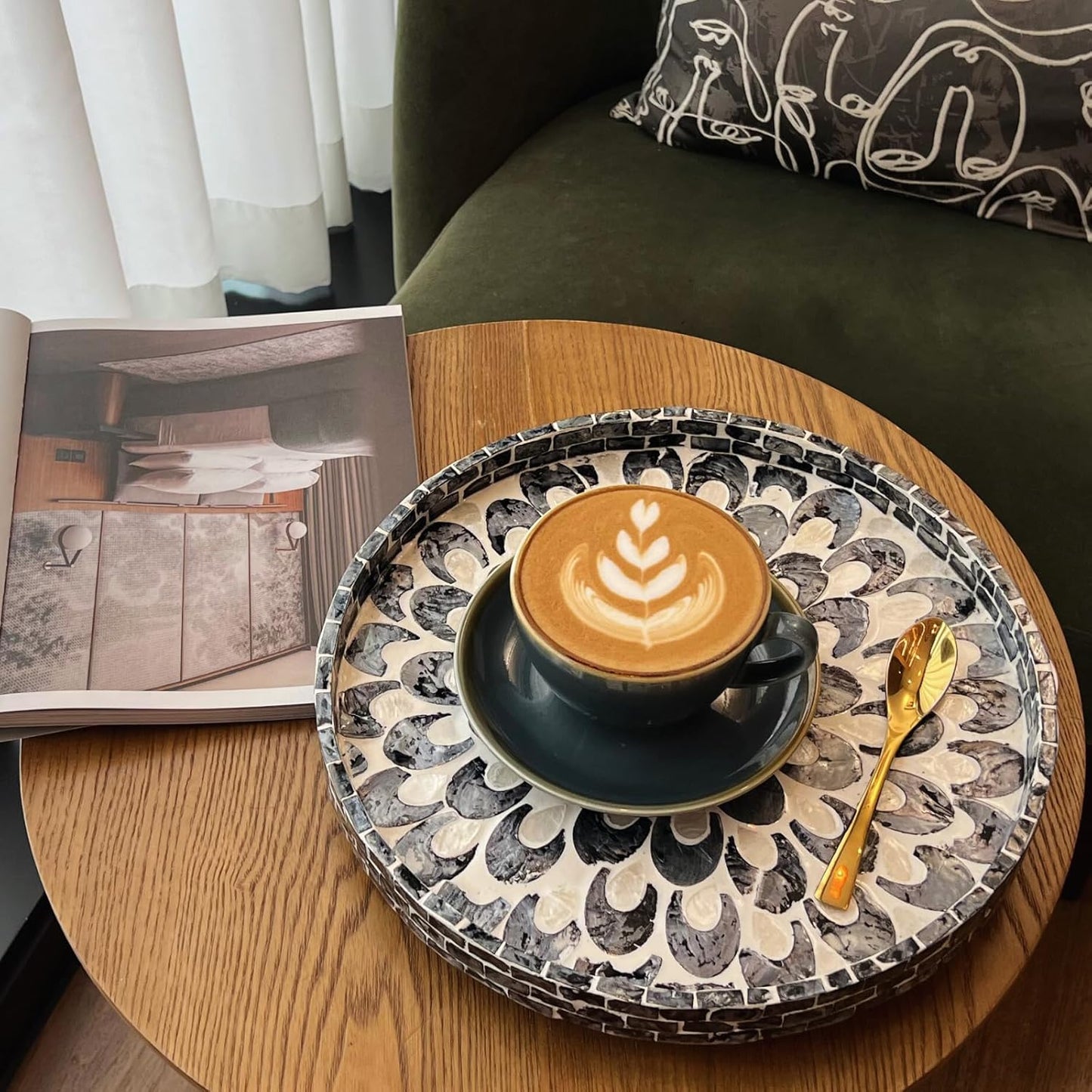 12.5" Lazy Susan for Table Top – Mother of Pearl Spinning Turntable Serving Tray, Marble Lazy Susan Organizer for Dining Table Centerpiece, Kitchen Island Decor, Bathroom Counter, Outdoor Use (Blue)