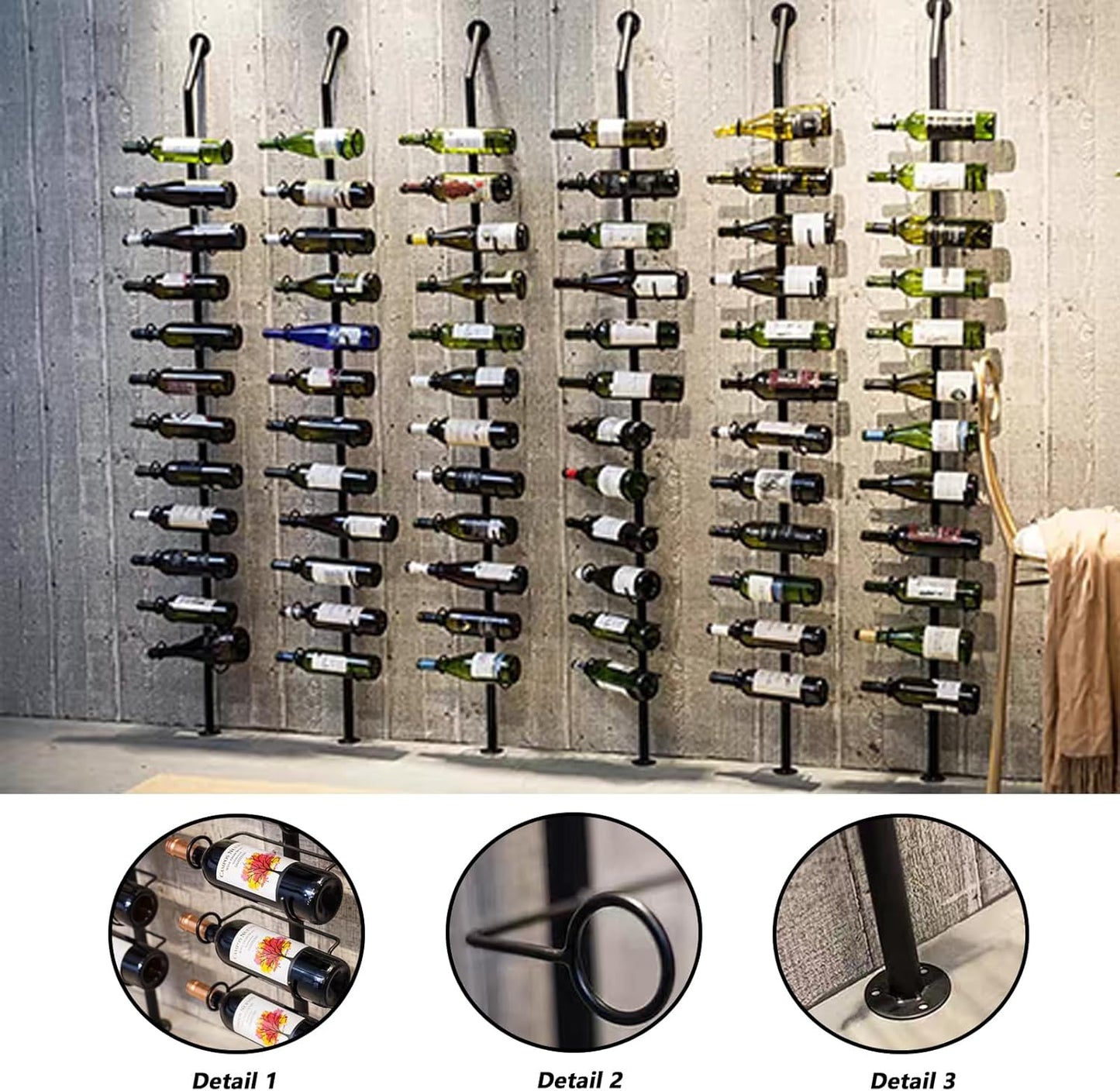 Wine Rack Wall Mounted, 72.8in High Metal Wine Bottle Holder for 12 Bottles, Kitchen Organization and Wine Storage for Commercial Restaurants Pantry Bar Wine Cellar (Black, One row-12 Bottles)