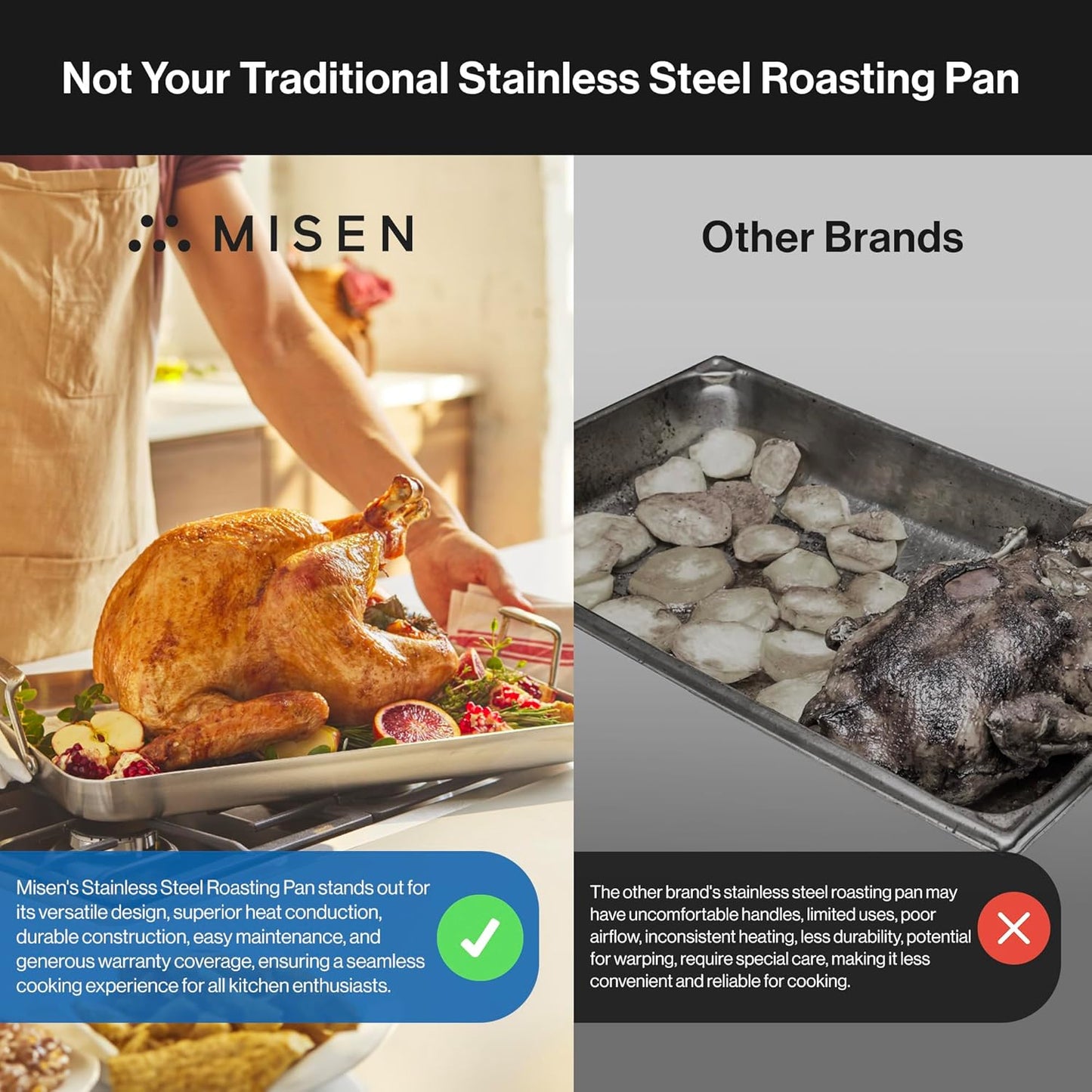 Misen Stainless Steel Roasting Pan with Handles - Versatile 5-Ply Design, Easy Grip Handles, Multi-Functional Cooking, Ideal for Baking, Searing, & Roasting, Superior Heat Conduction, Premium - 18"