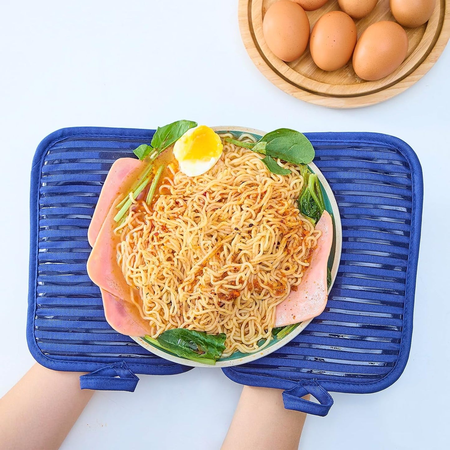 Kitchen Everyday Basic Pot Holder Heat Resistant Coaster Soft Silicone Water Resistant Pot Holder Set Oven Mitts with Pocket, 2 Piece Set, 7"x9" Dark Blue