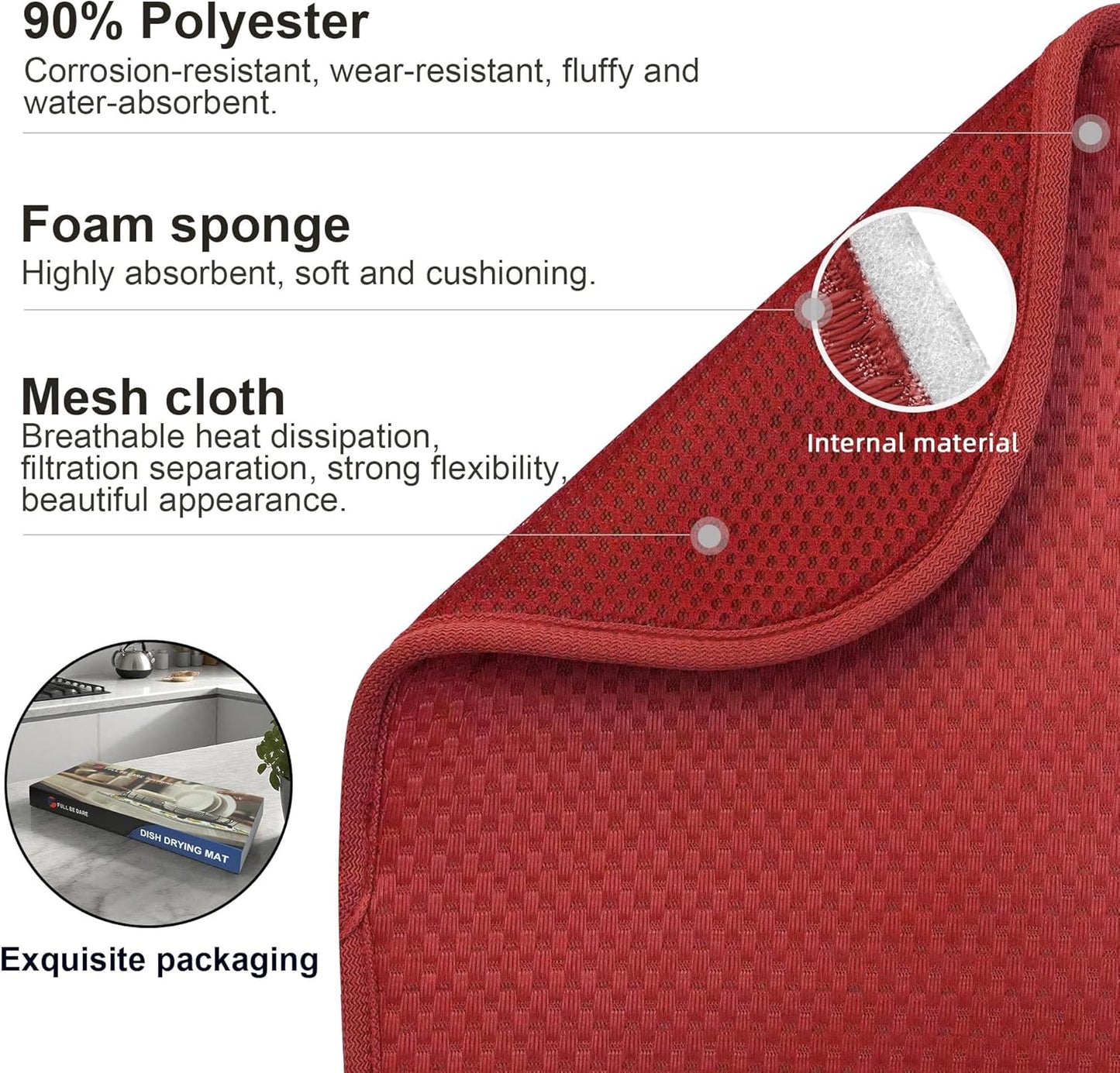 2 Pack Dish Drying Mat for Kitchen Counter, Super Absorbent & Anti-Slip, Machine Washable, 15" x 20" (Red)