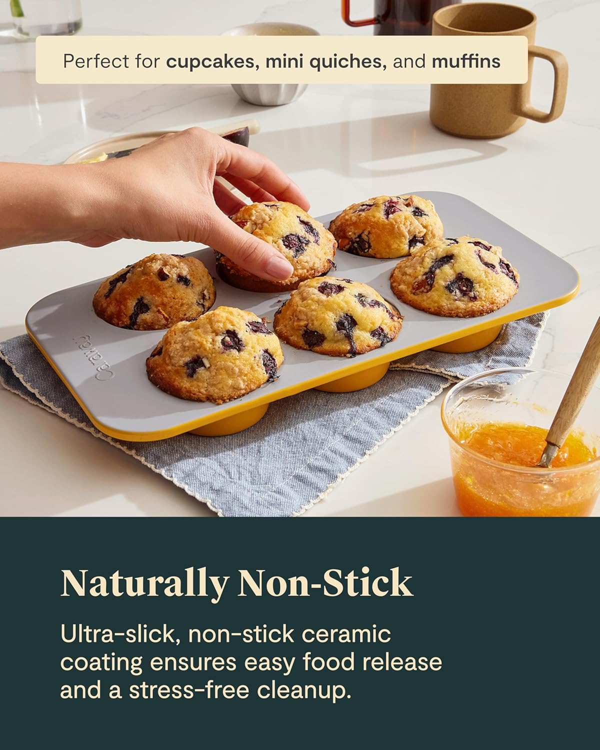 Caraway Nonstick Ceramic 6 Cup Muffin Pan Duo – Non-Toxic, PTFE & PFOA Free – Oven Safe – Aluminized Steel Core – Small Muffin Pan for Baking Cupcakes, Muffins & More - Perracotta